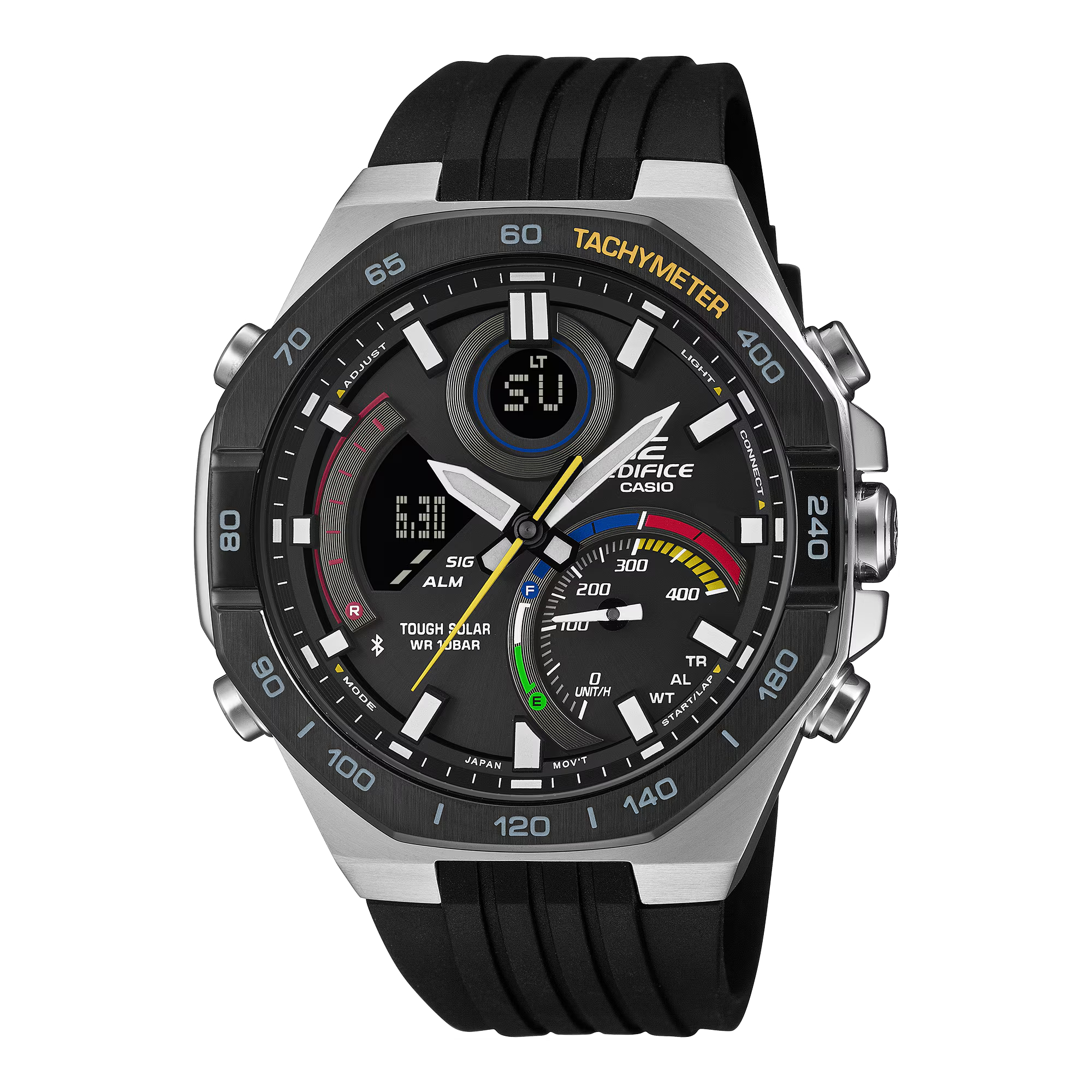 【CASIO 卡西歐】 EDIFICE 手機連接藍牙 金屬八角 農家橡樹 排程計時 賽車  太陽能 矽膠錶帶 手錶 ECB-950MP-1A