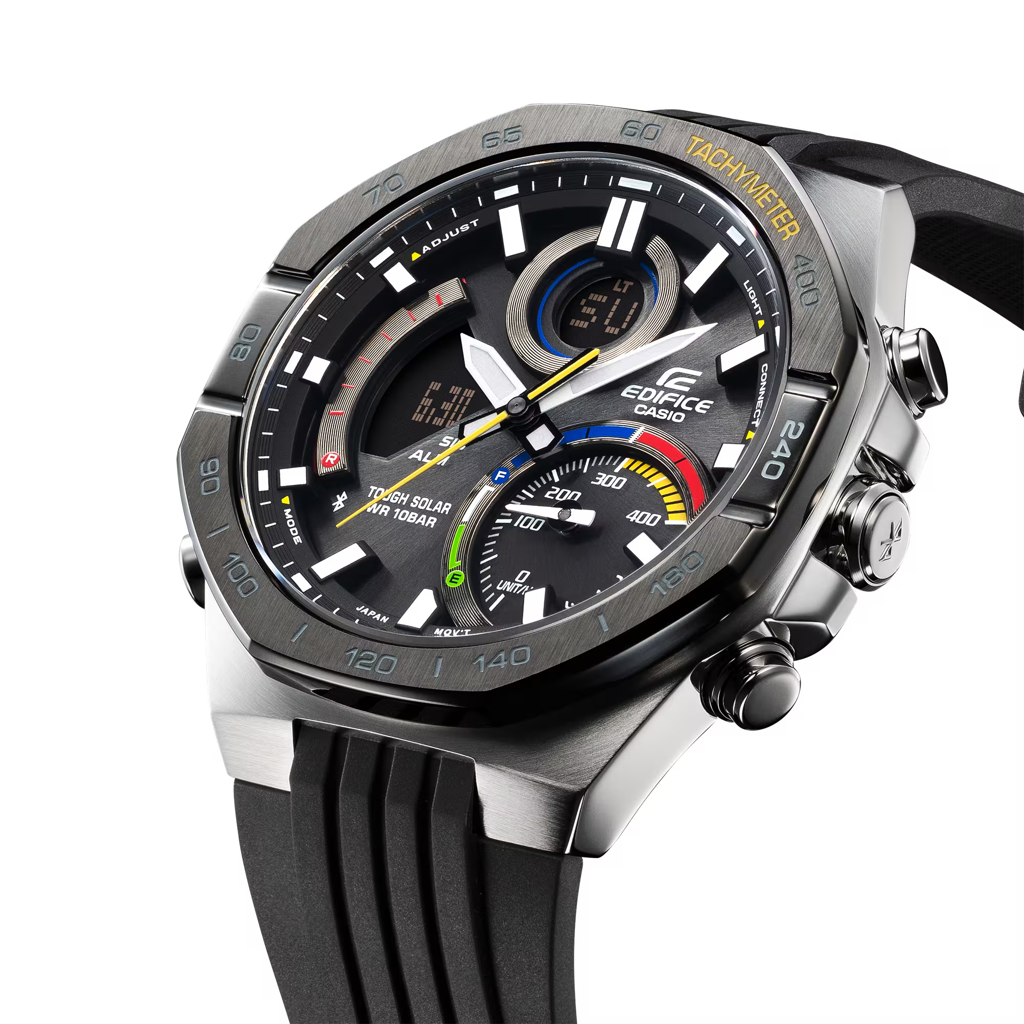【CASIO 卡西歐】 EDIFICE 手機連接藍牙 金屬八角 農家橡樹 排程計時 賽車  太陽能 矽膠錶帶 手錶 ECB-950MP-1A