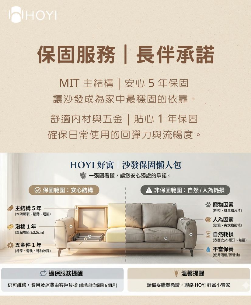 HOYI好寓台灣製造沙發-官方5 年主結構安心保固標章
