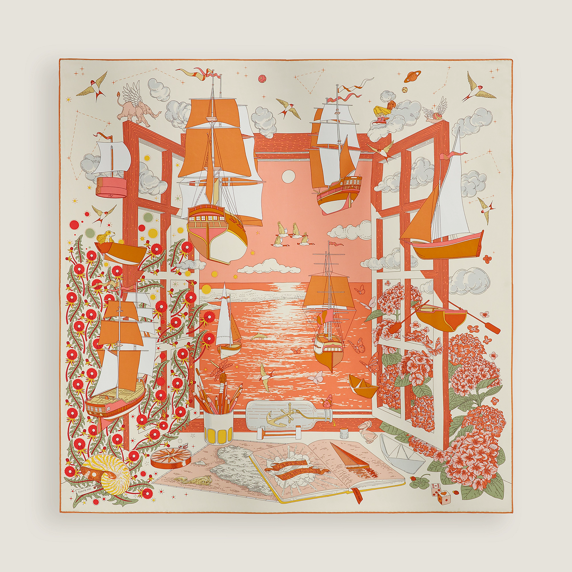 HERMES L'Esprit s'Envole scarf 90 crème / orange cuit / vert amande
