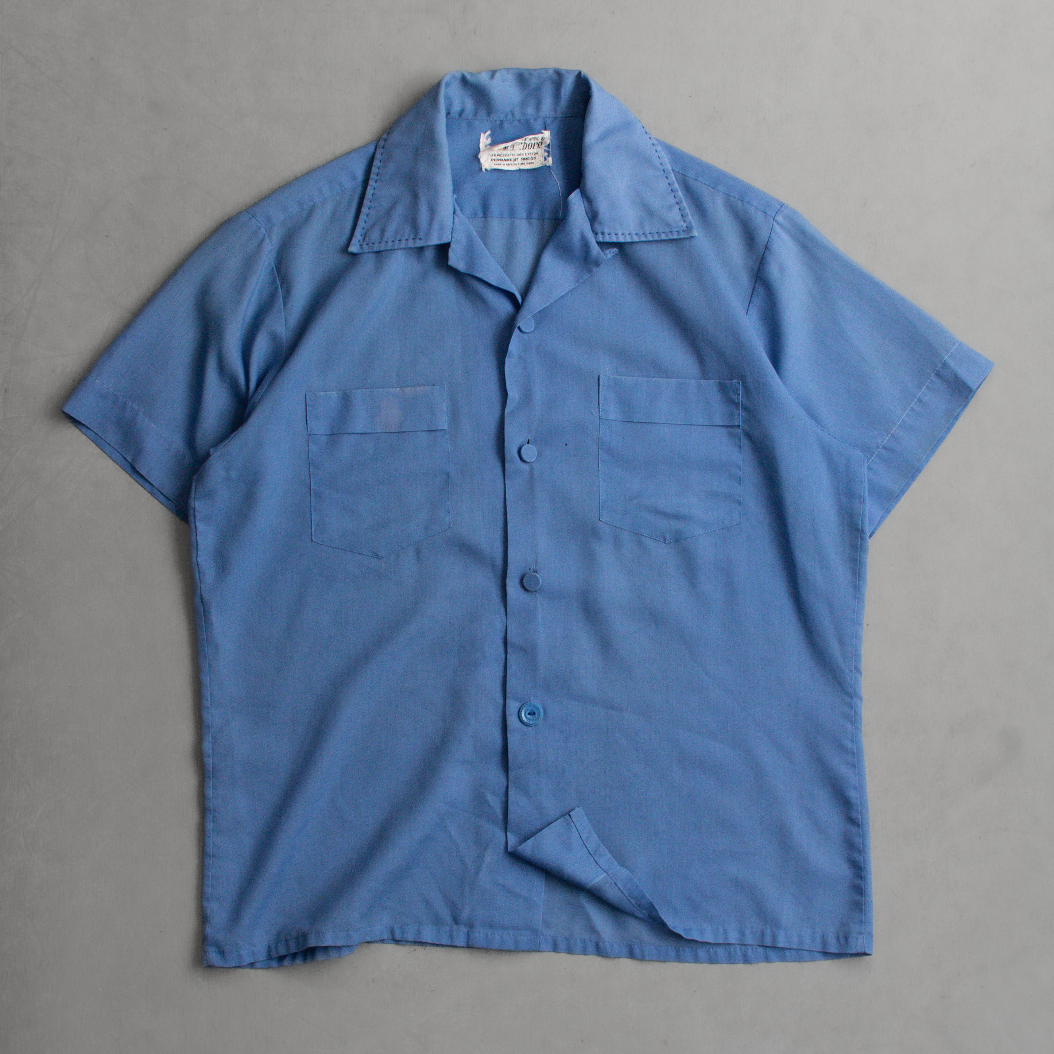 MARLBORO OPEN SHIRT 美國 藍色 素面 開領 短袖 襯衫