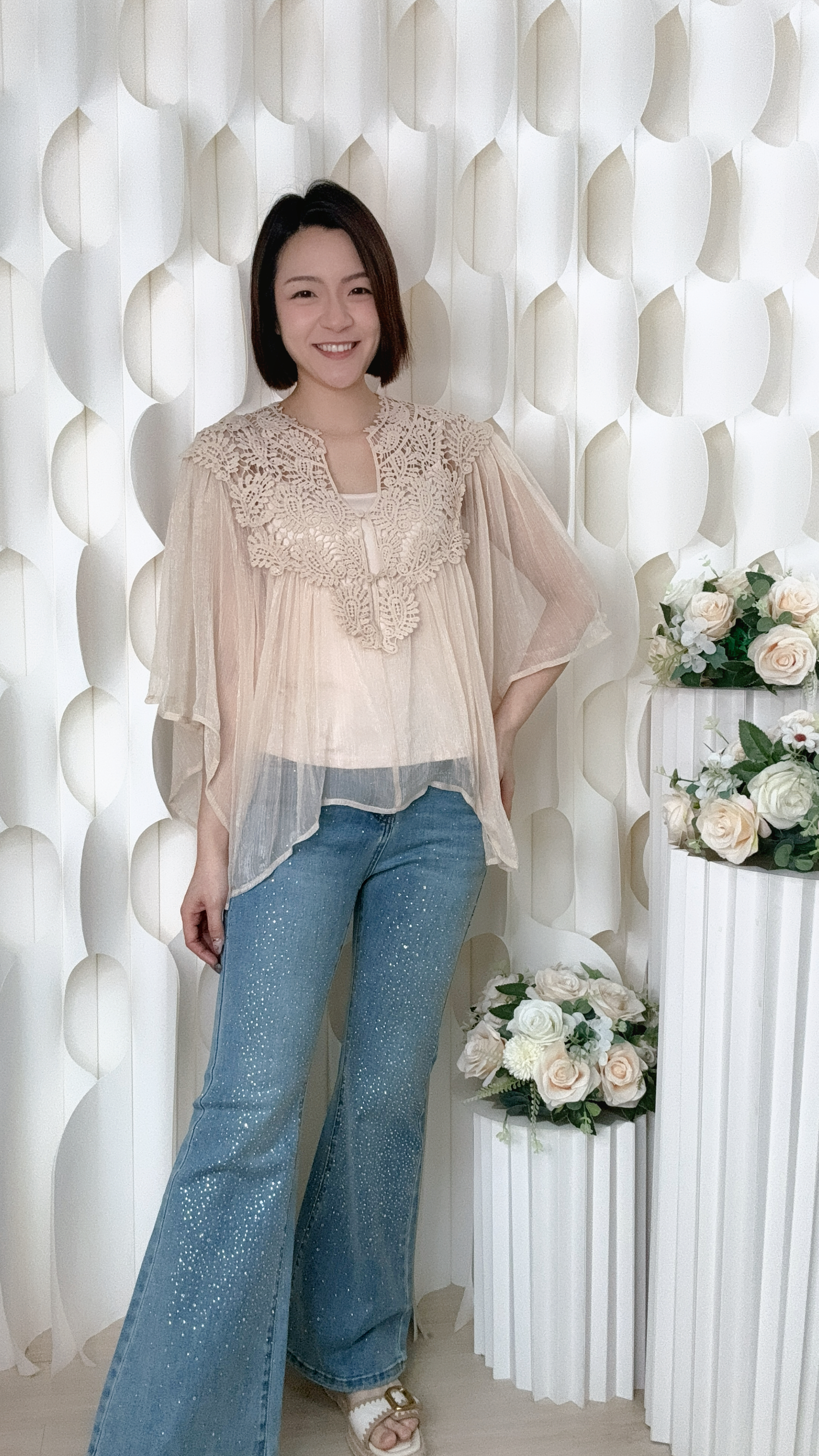 刺繡紐扣真絲混雪紡兩件套上衣 (胸內32-50 腰32-44 長15吋 胸外58 腰68 長26吋) 8803 #2505clo