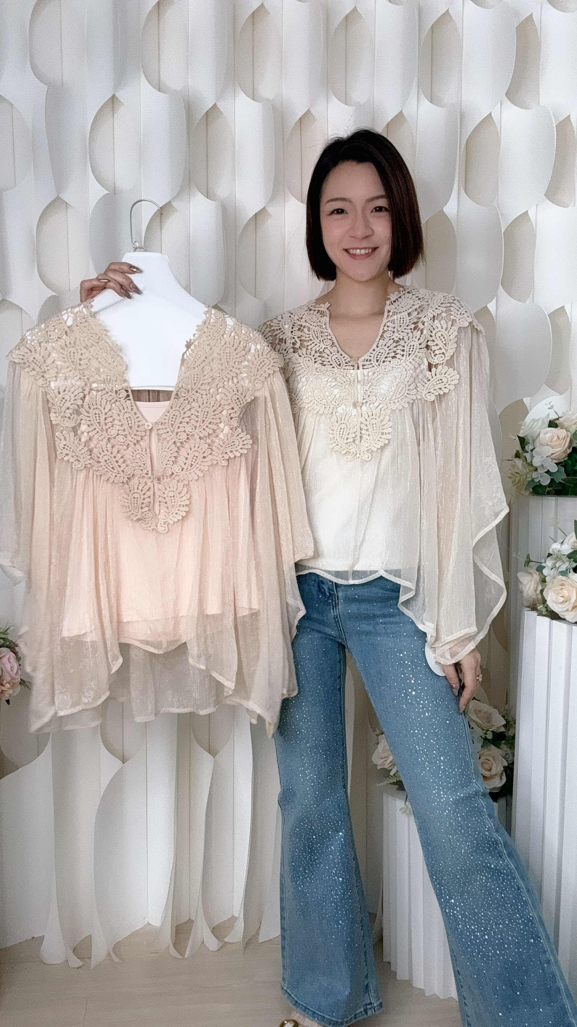 刺繡紐扣真絲混雪紡兩件套上衣 (胸內32-50 腰32-44 長15吋 胸外58 腰68 長26吋) 8803 #2505clo