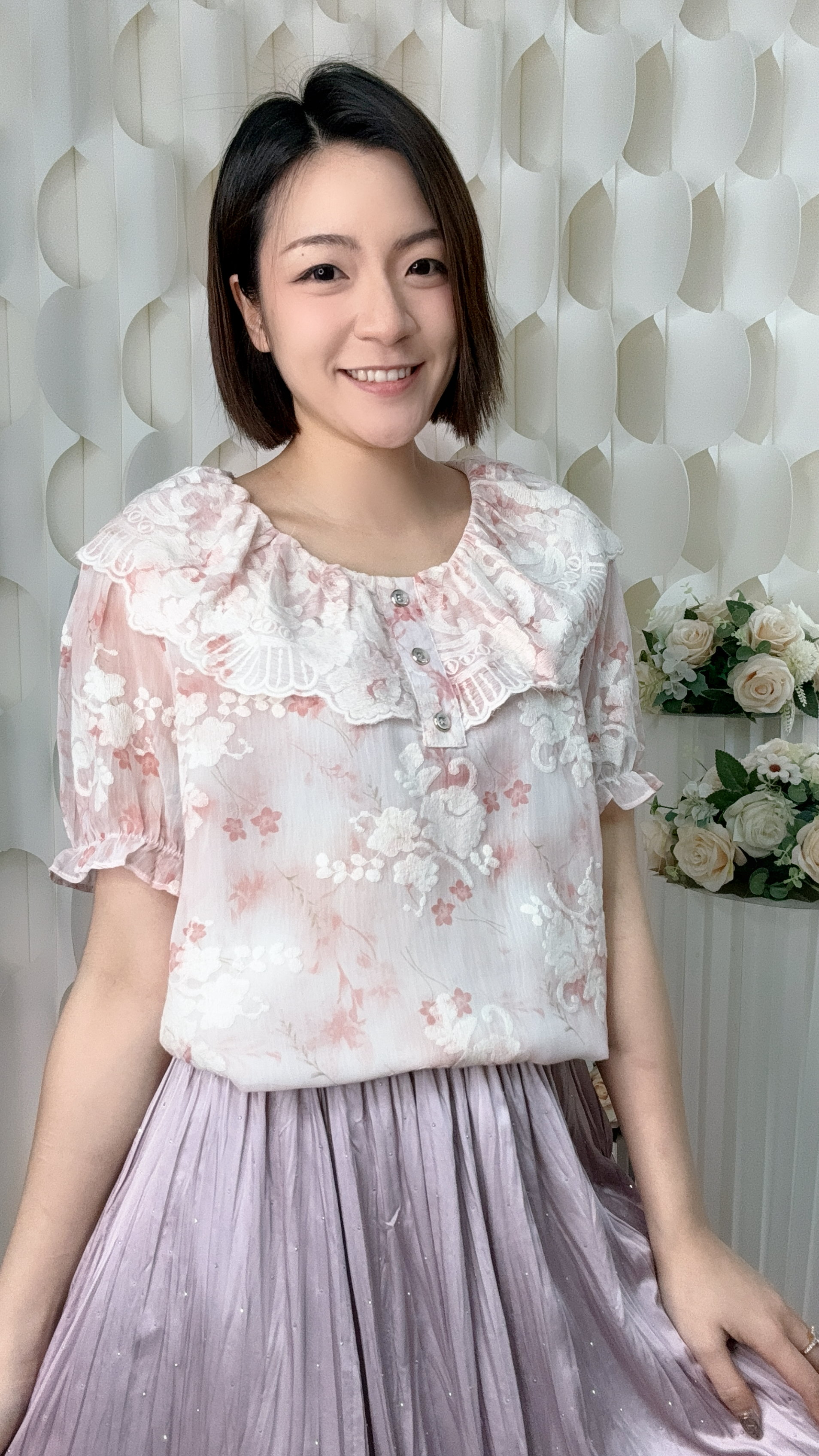 RUFFLE 刺綉花花雙層真絲雪紡上衣 (胸40 腰42 長22吋) 7552 #2505clo