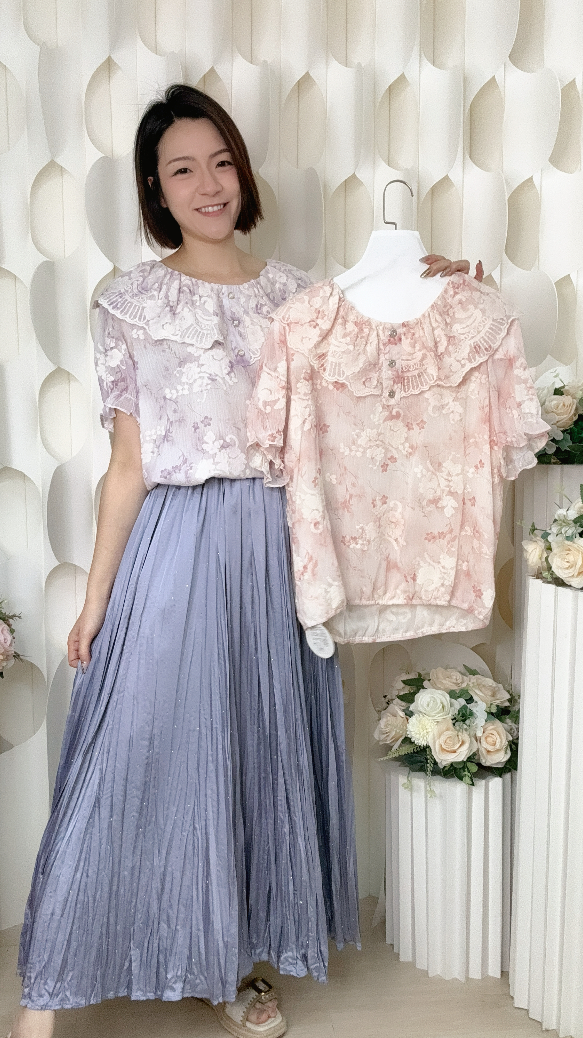 RUFFLE 刺綉花花雙層真絲雪紡上衣 (胸40 腰42 長22吋) 7552 #2505clo
