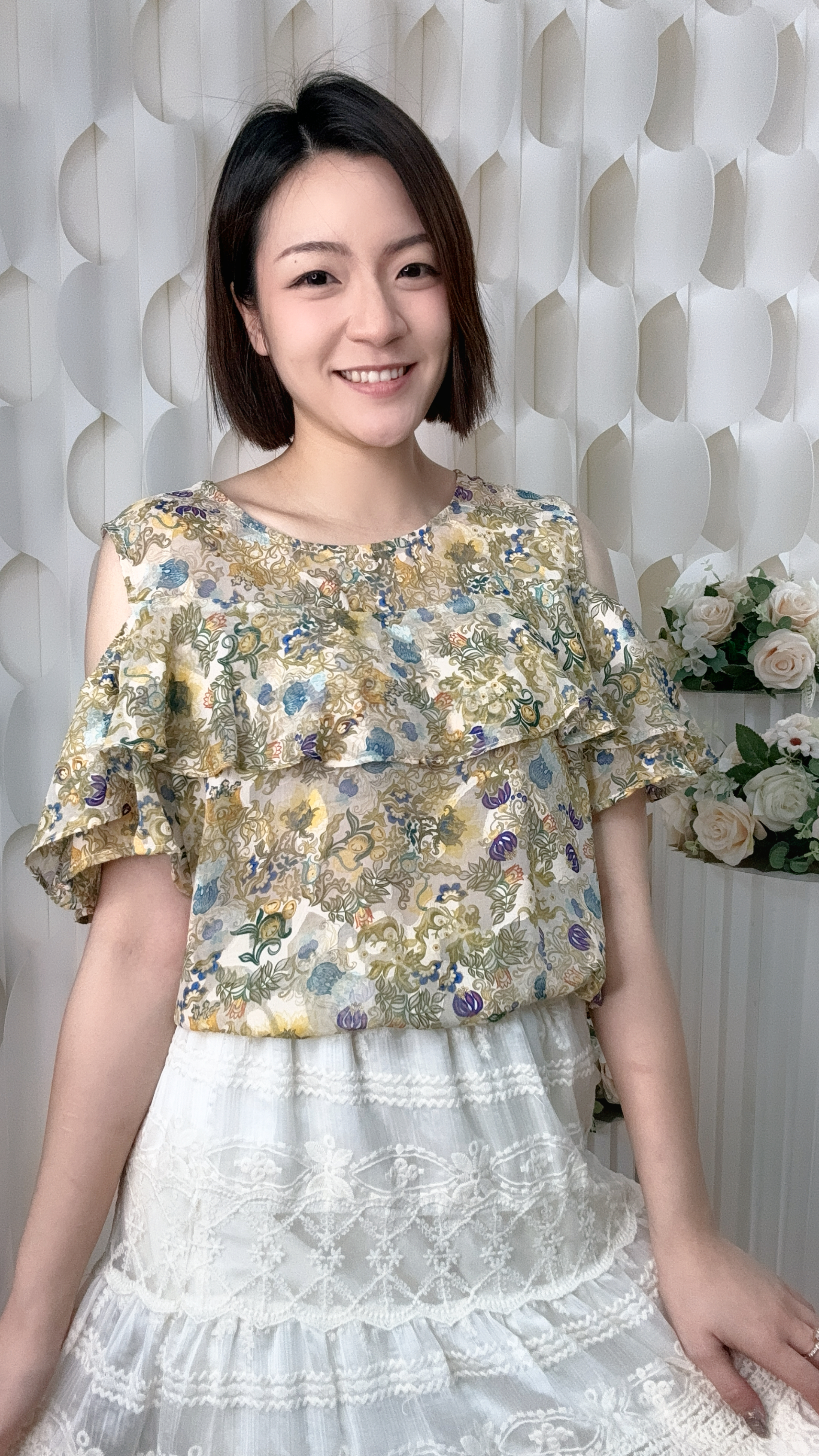 露肩印花真絲雪紡上衣 (胸42 腰44 長22吋) 7723 #2505clo