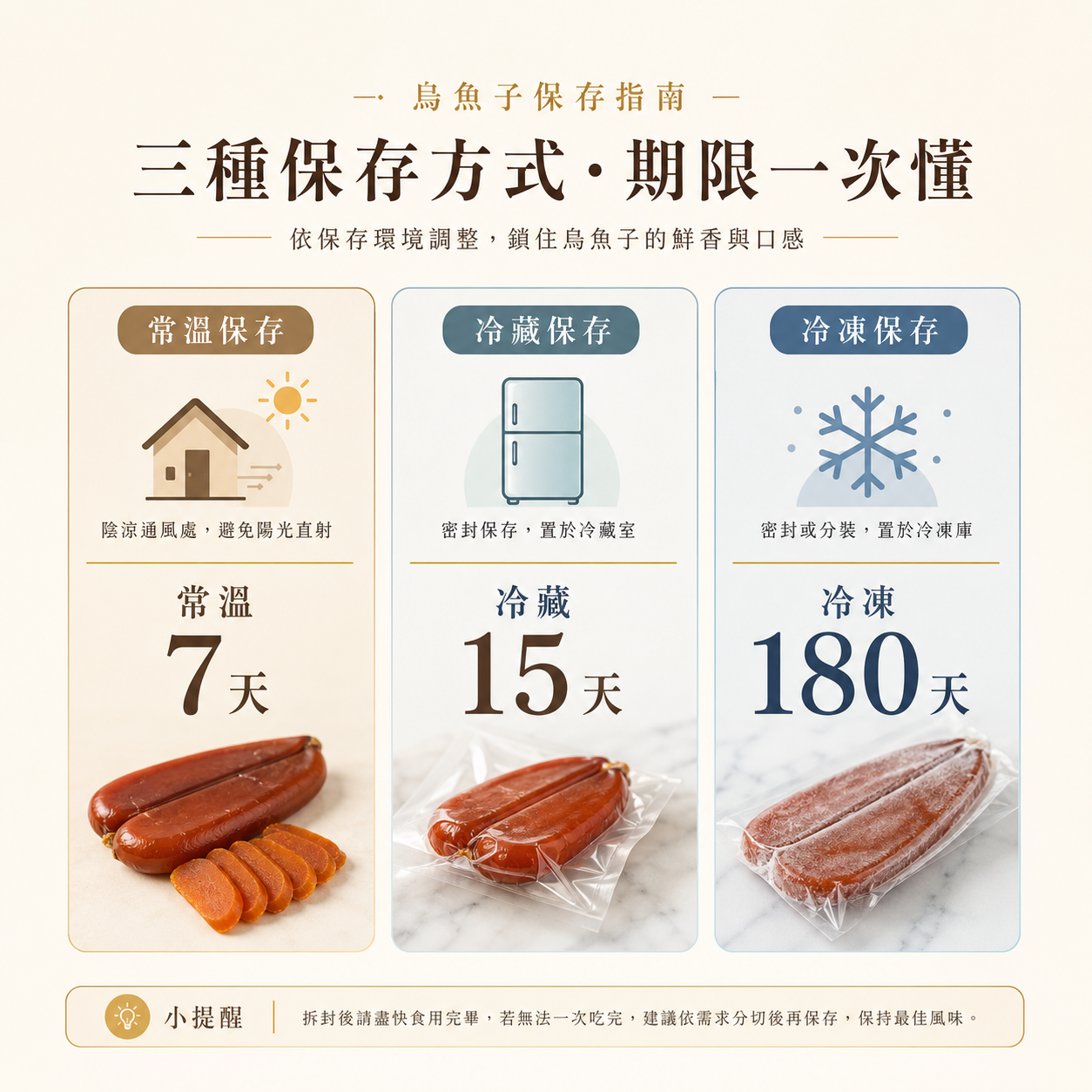 烏魚子保存方式比較:常溫 7 天、冷藏 15 天、冷凍 180 天