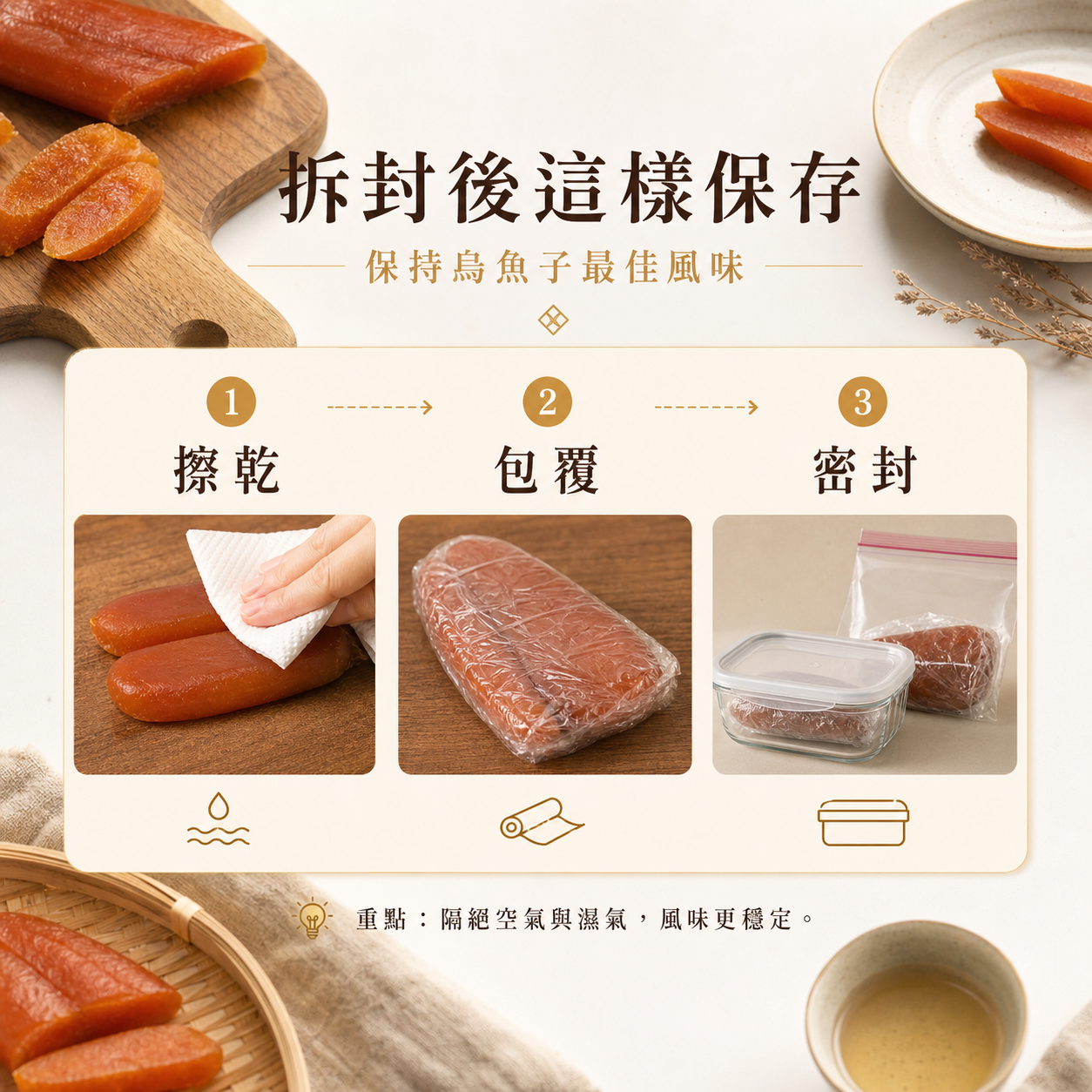 烏魚子拆封後保存步驟:擦乾、包覆、密封