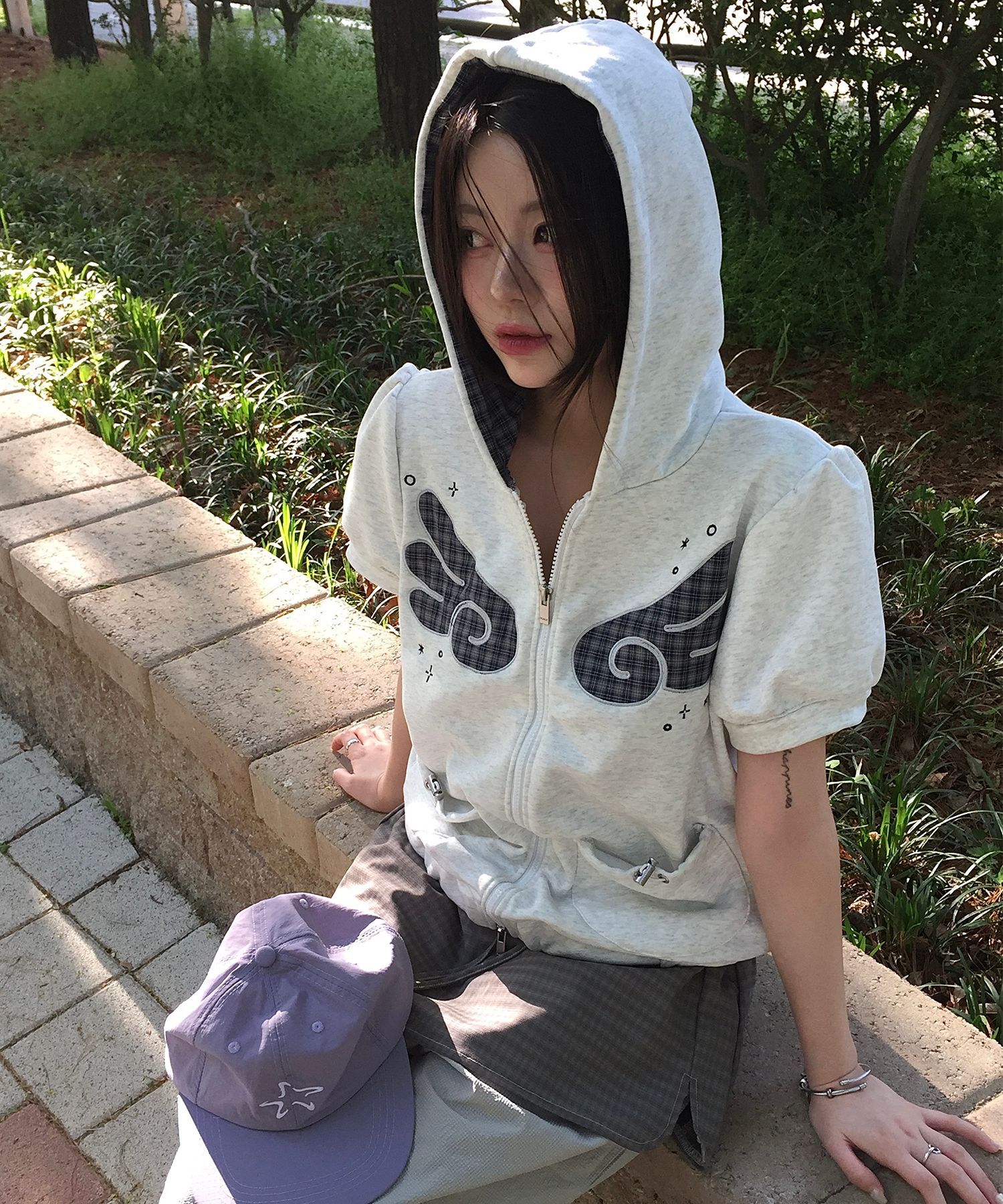 SOME PLACE 格紋配色泡泡袖連帽拉鍊外套 26S7771504-1100