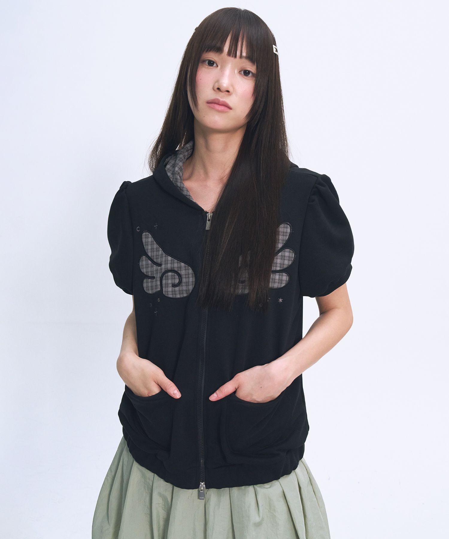 SOME PLACE 天使帽格紋拼色泡泡袖連帽拉鍊上衣 26S7771504-4500
