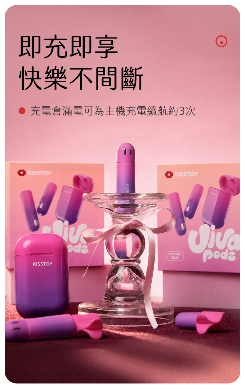 Kisstoy 金手指微電流手指震蛋持久續航，充電盒與指套置於玻璃燭台旁，強調滿電可為主機充電約三次。