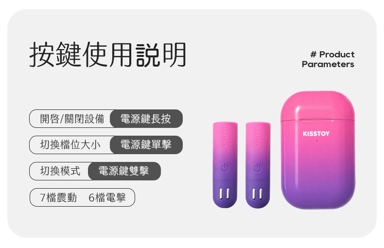 Kisstoy 金手指微電流手指震蛋操作指南，圖解說明電源鍵長按、單擊與雙擊的切換方式，簡單易上手。