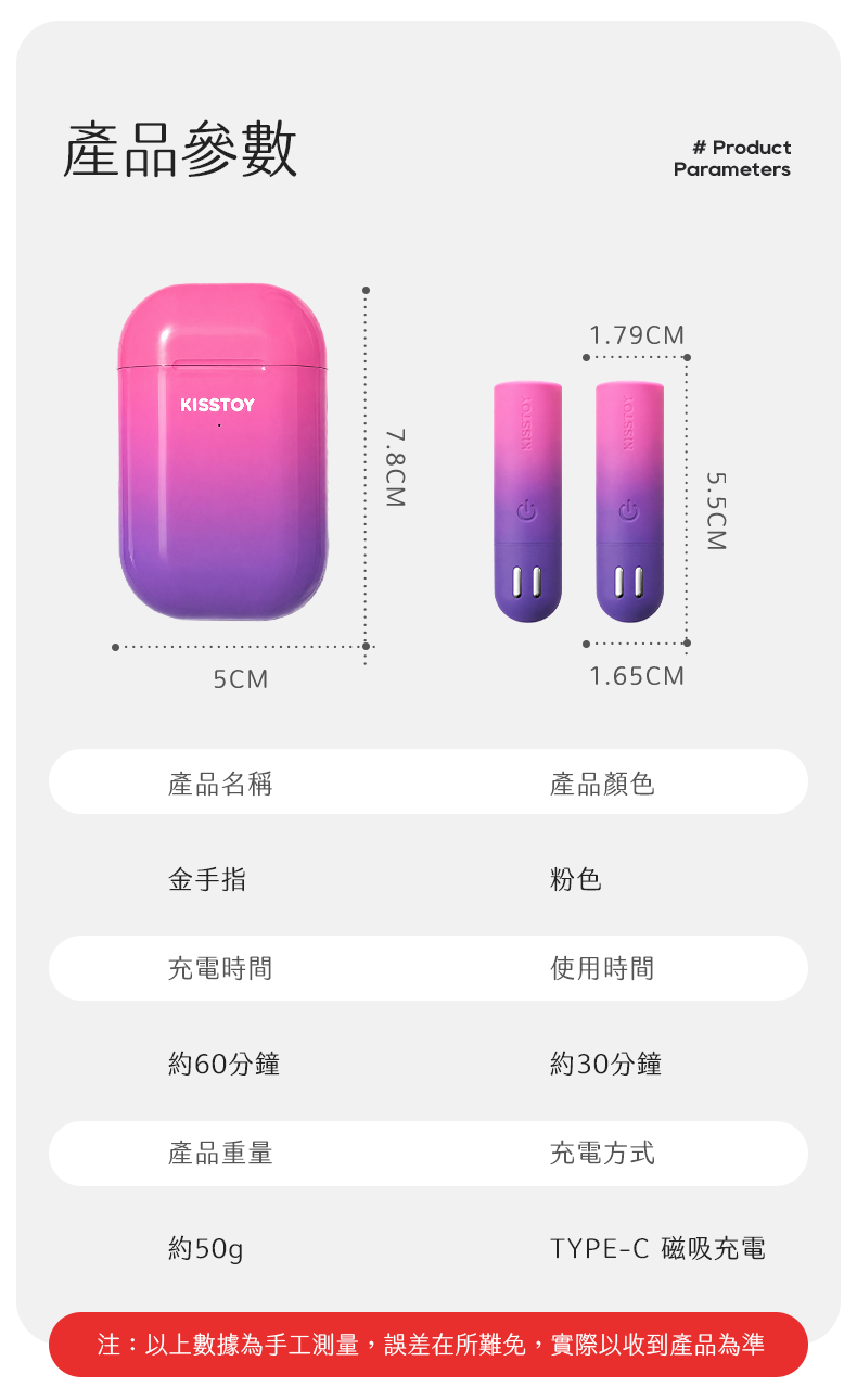Kisstoy 金手指微電流手指震蛋規格尺寸，詳細標示充電盒 7.8cm 與指套 5.5cm 等尺寸數據及 Type-C 充電。