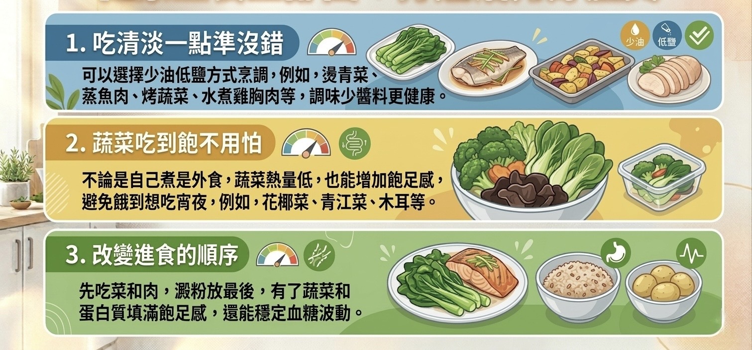 恩基生醫晚餐飲食建議資訊圖，強調低負擔但有營養的搭配，包括少油低鹽、多吃蔬菜，以及先吃菜和蛋白質來增加飽足感與穩定血糖。