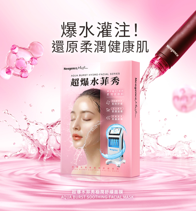 Neogence 霓淨思超爆水菲秀極潤舒緩面膜(AQUA BURST SOOTHING-FACIAL MASK)產品主視覺。主打標語「爆水灌注!還原柔潤健康肌」。包裝上標註核心技術與成分:水菲秀核心配方、微脂囊積雪草長效舒緩、玄米精萃柔潤滋養、菸鹼醯胺修護屏障。