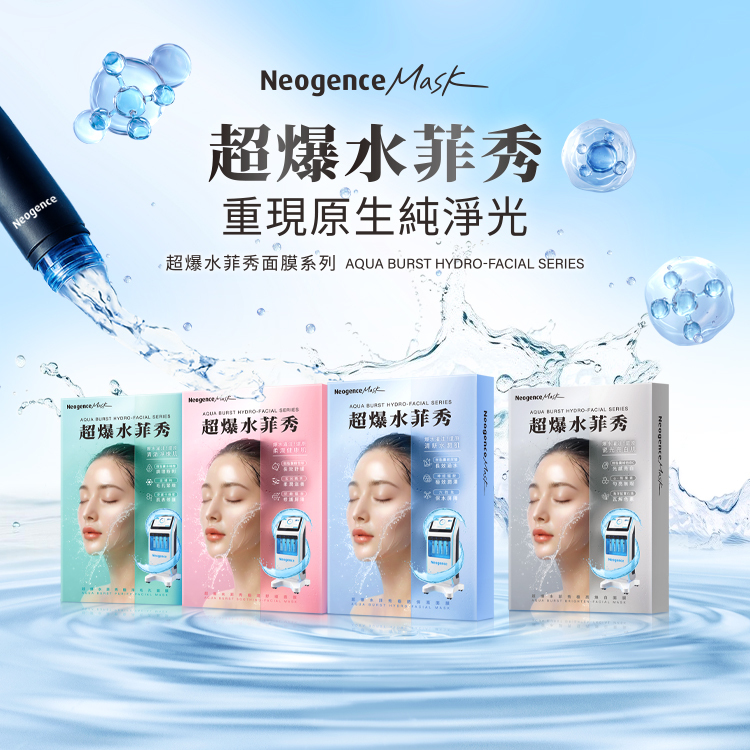 Neogence Mask 超爆水菲秀,重現原生純淨光。展示超爆水菲秀面膜系列(AQUA BURST HYDRO-FACIAL SERIES)全系列四款包裝排開:綠色淨化毛孔(清透淨化肌)、粉色舒緩(柔潤健康肌)、藍色保濕(澎潤水晶肌)、灰色亮白(逆光透白肌)。