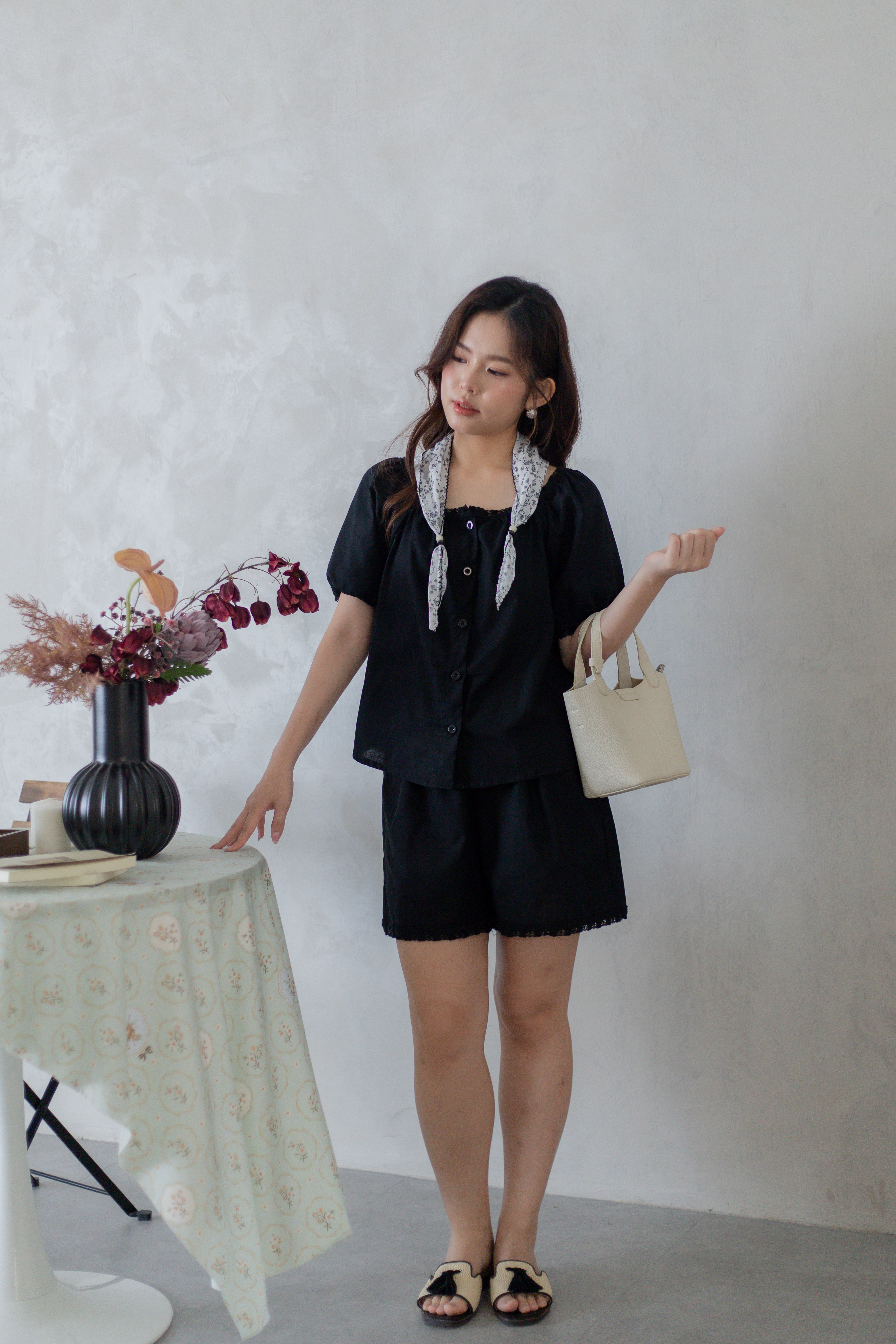 Hers Lace Trim Gathered Top Black - 2770BSBLK