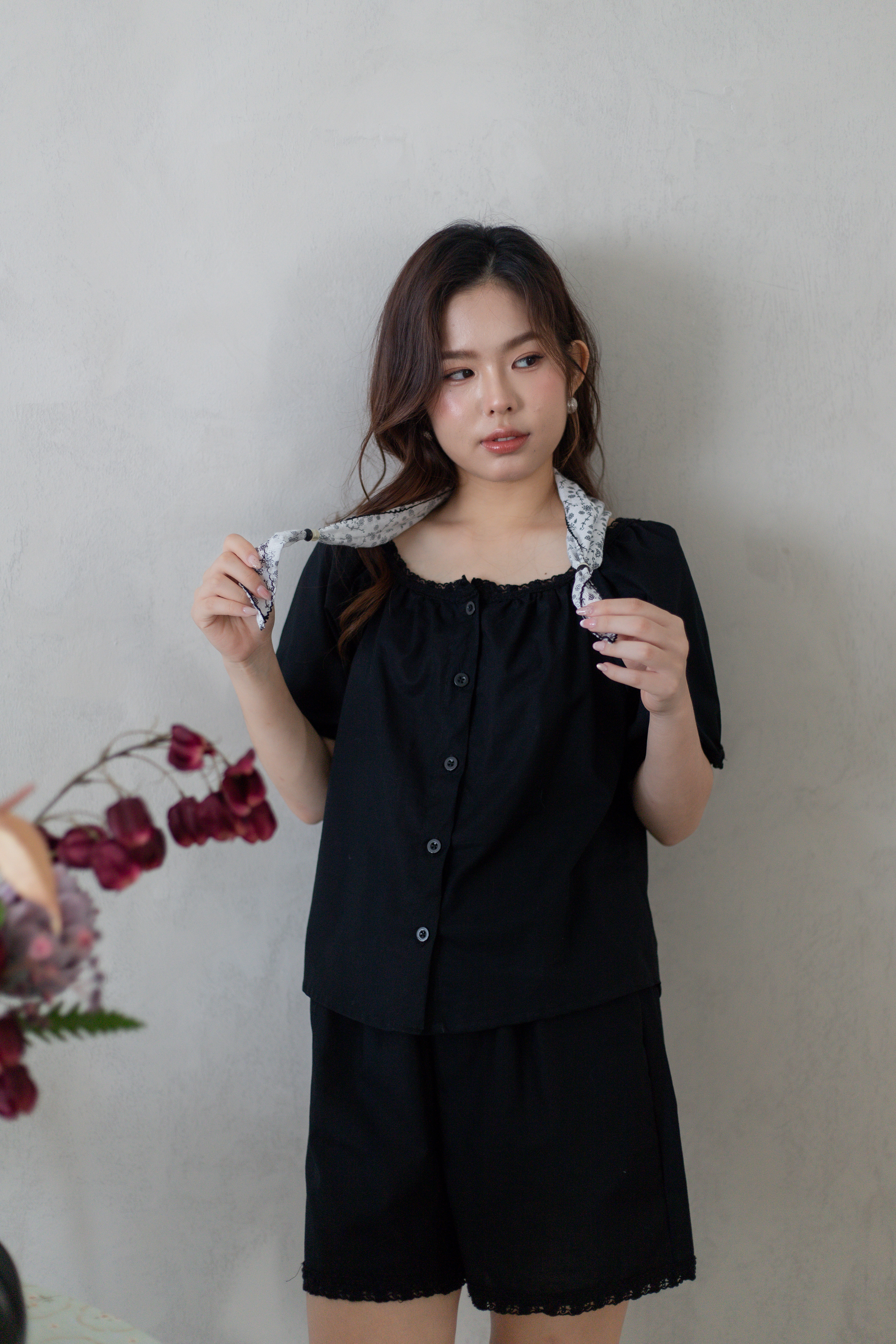 Hers Lace Trim Gathered Top Black - 2770BSBLK
