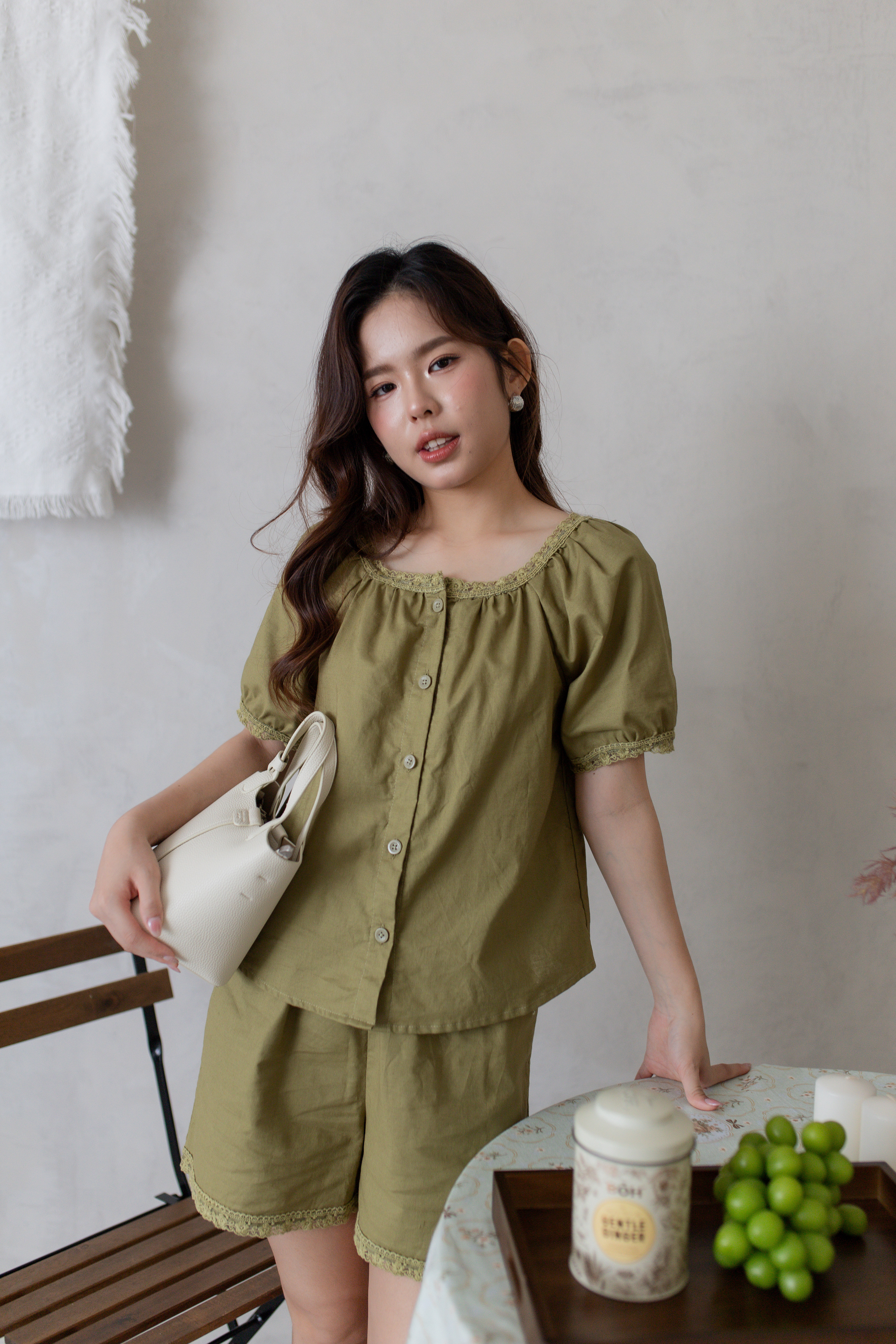 Hers Lace Trim Gathered Top Forest - 2770BSFOR