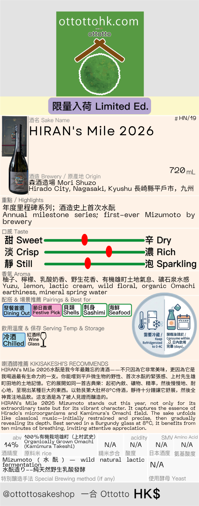 飛鸞HIRAN's Mile 2026 水酛純米｜限量清酒香港