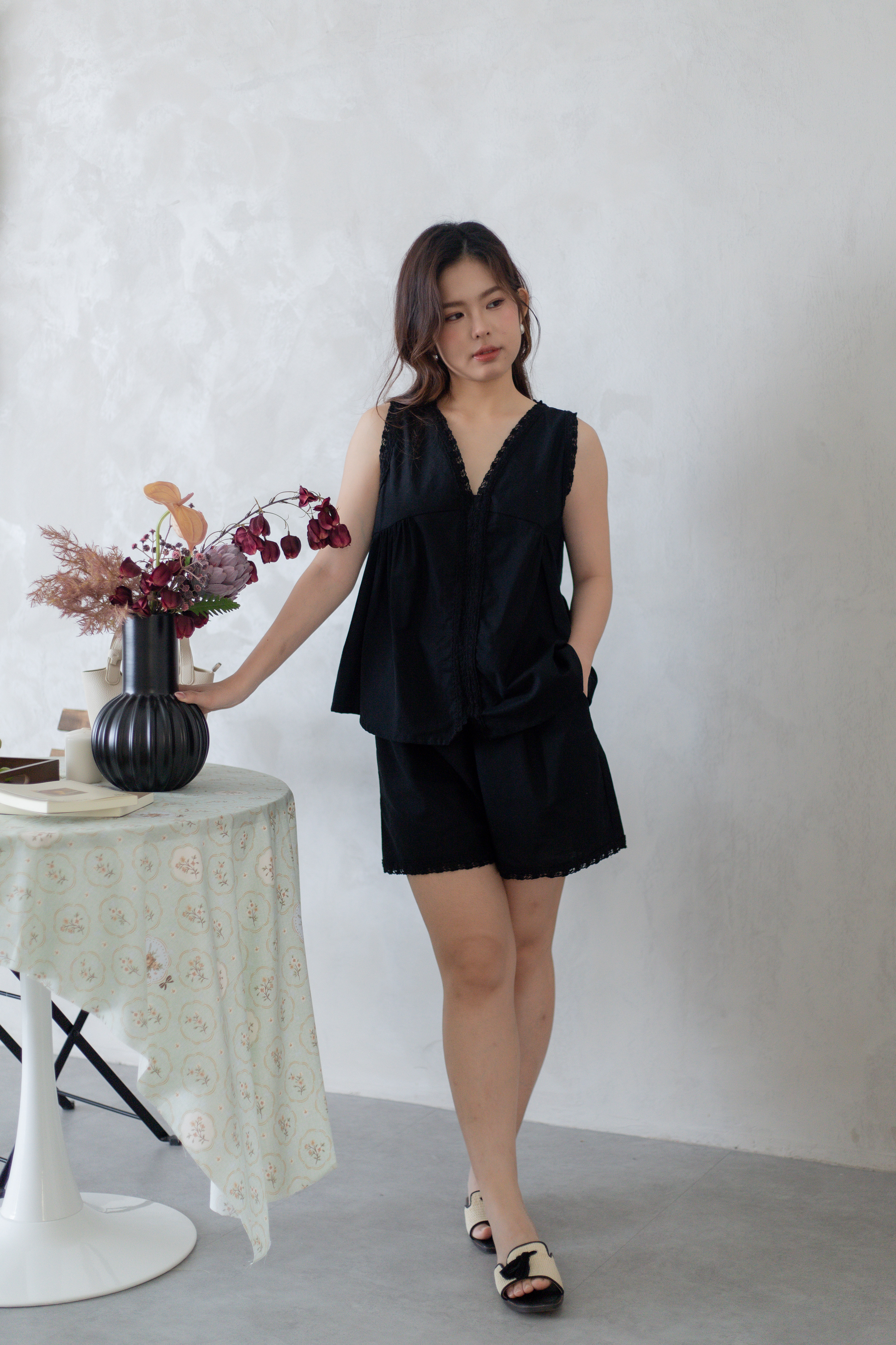 Hers Lace Trim Panel Top Black - 2771BSBLK