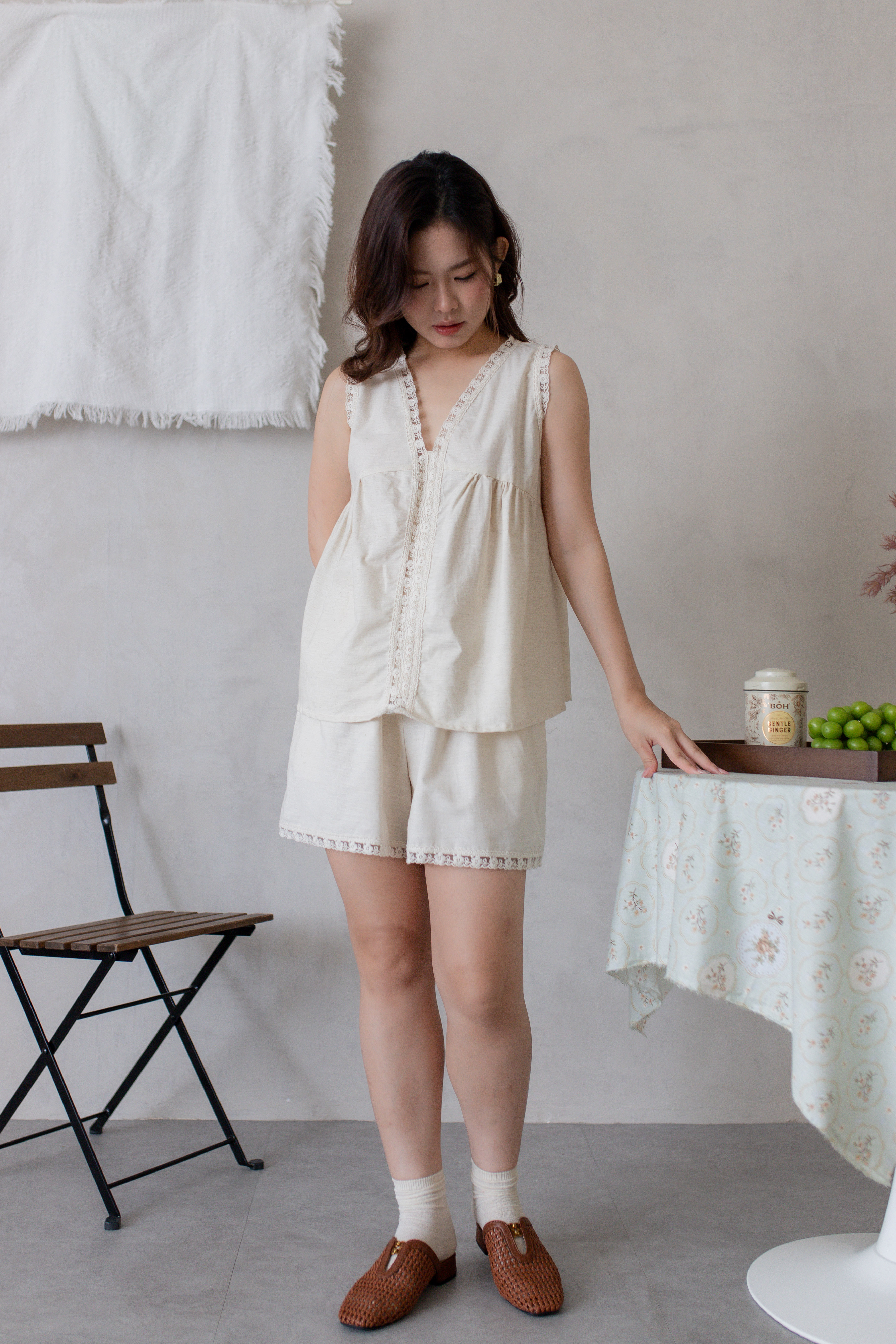 Hers Lace Trim Panel Top Beige- 2771BSBEI