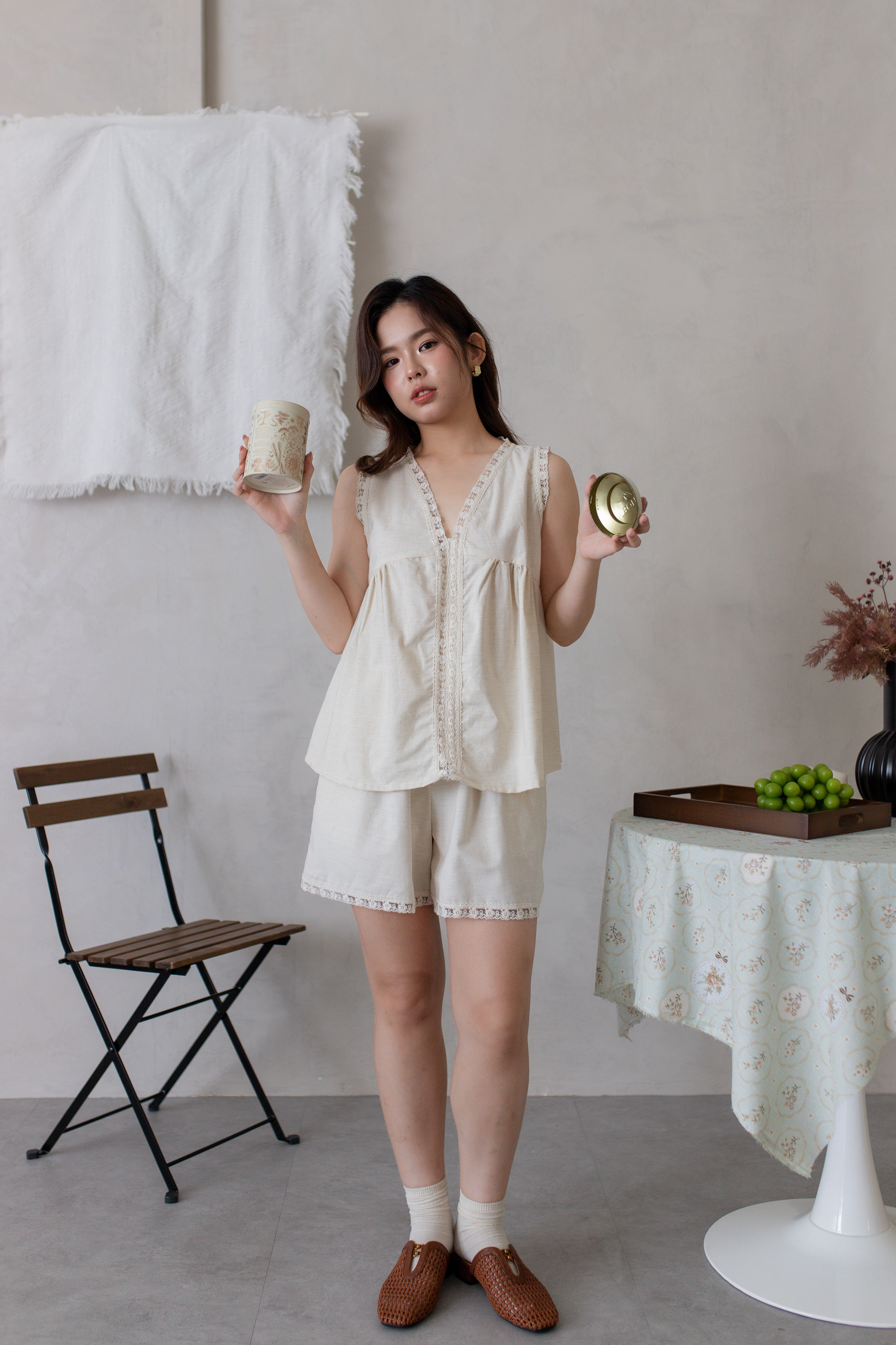 Hers Lace Trim Panel Top Beige- 2771BSBEI