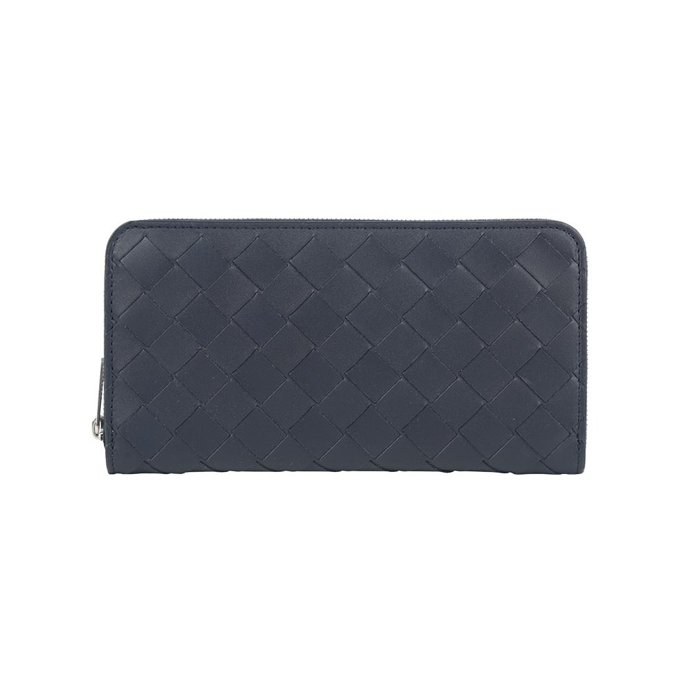 【Bottega Veneta】小牛皮編織內拼色ㄇ形拉鍊長夾(午夜藍/岩灰色)