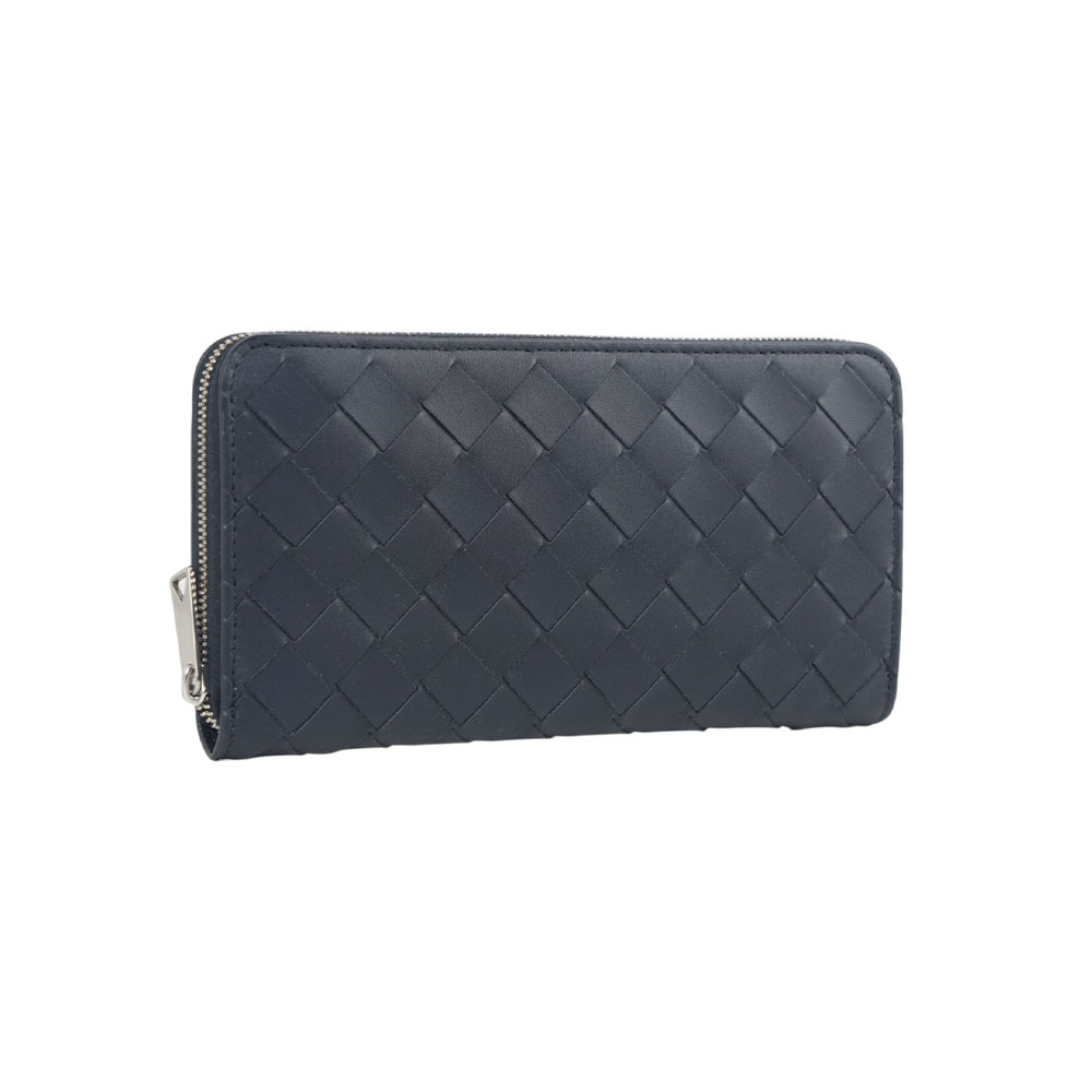 【Bottega Veneta】小牛皮編織內拼色ㄇ形拉鍊長夾(午夜藍/岩灰色)