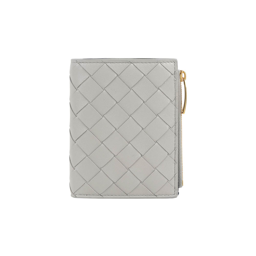 【Bottega Veneta】小羊皮編織二折內拼色釦式短夾(銀灰色/星際藍)