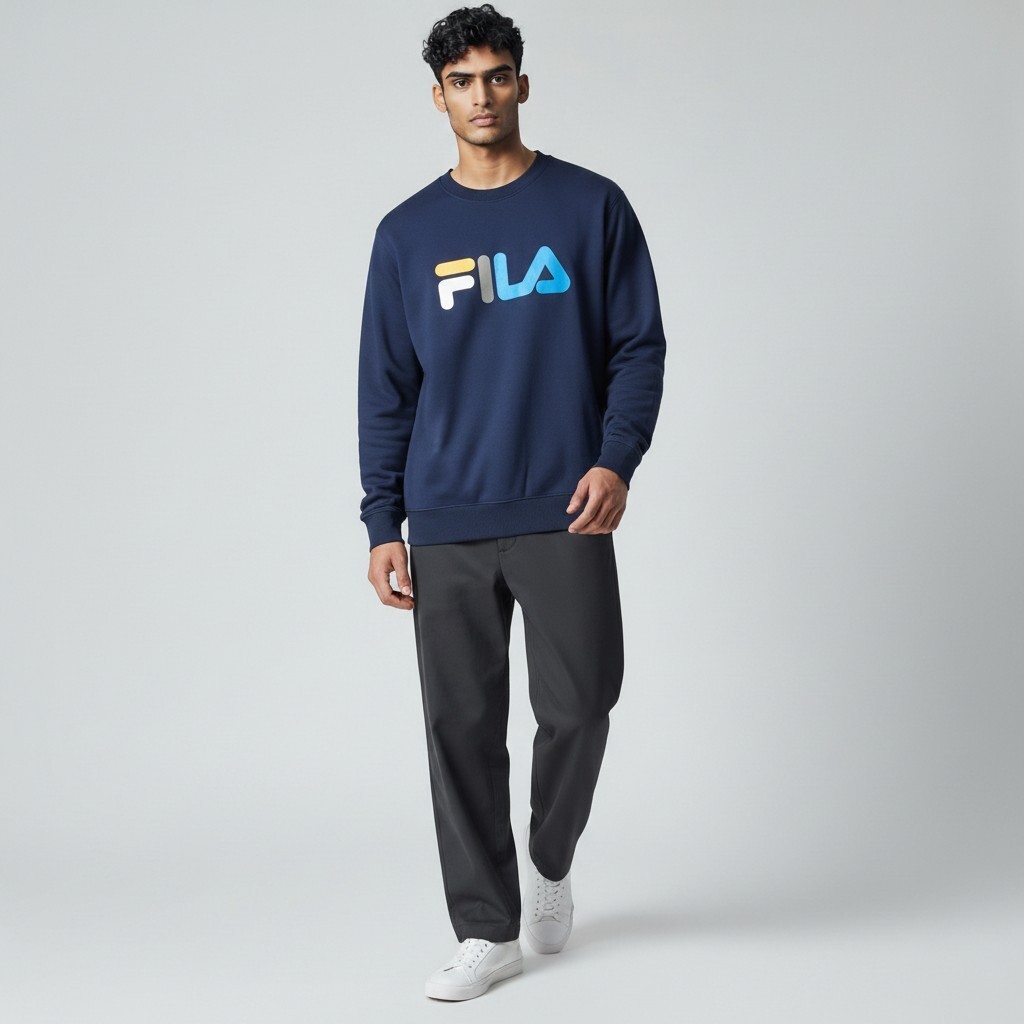 FILA 大學T 深藍 彩色LOGO 圓領 長袖 上衣 男 1TEW7000AB