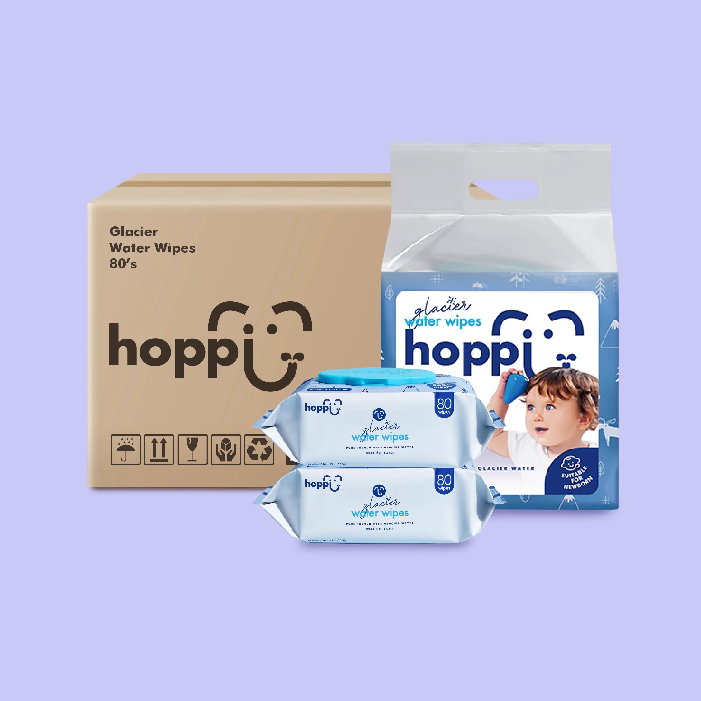 【Luxcare】Hoppi 嬰兒冰川水濕紙巾80抽8包（4袋）箱購