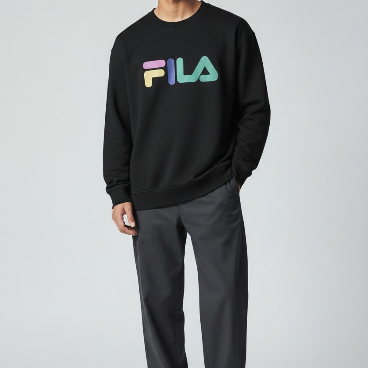 FILA 大學T 黑 彩色LOGO 圓領 長袖 上衣 男 1TEW7000BK