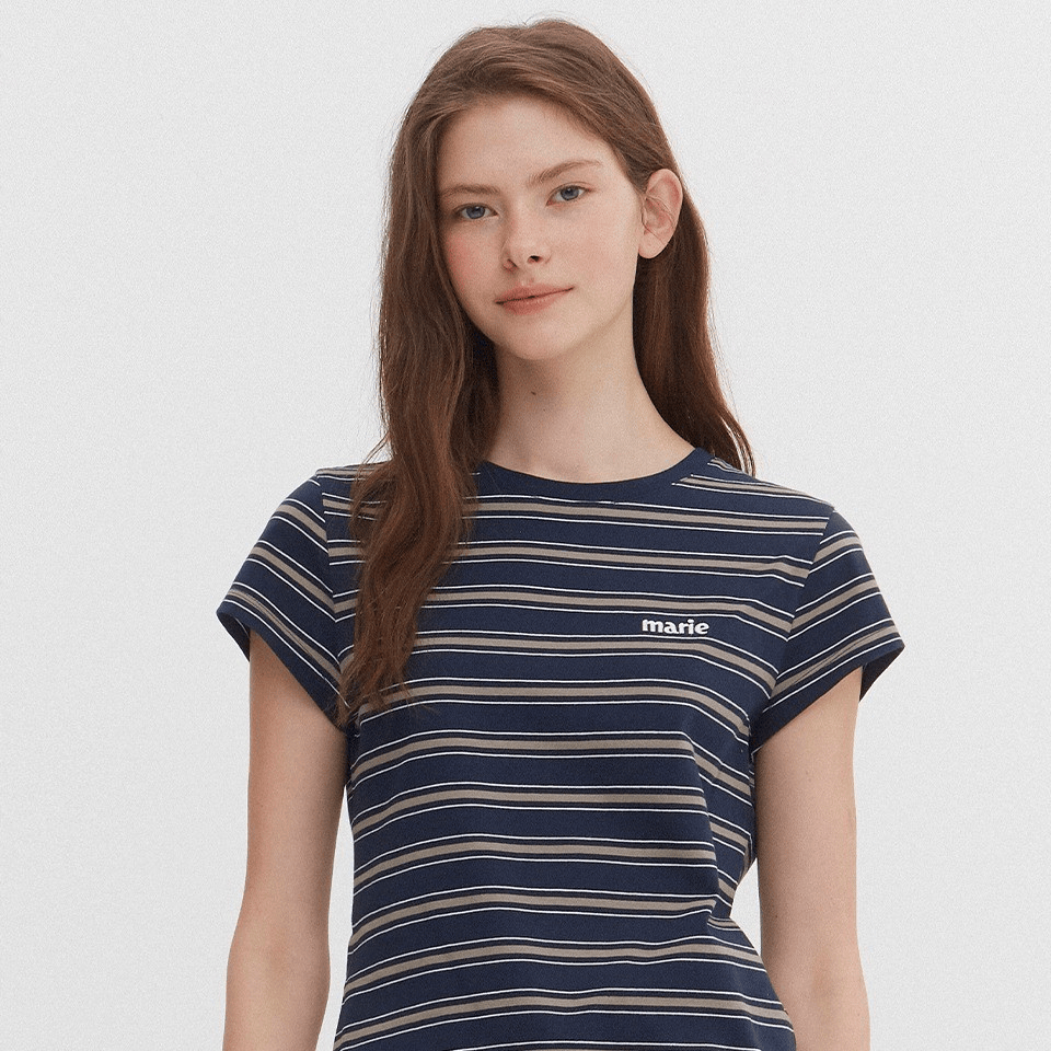 marie claire｜Slim Fit Stripe Cap Sleeve Short Sleeved T-Shirt [2 colors]