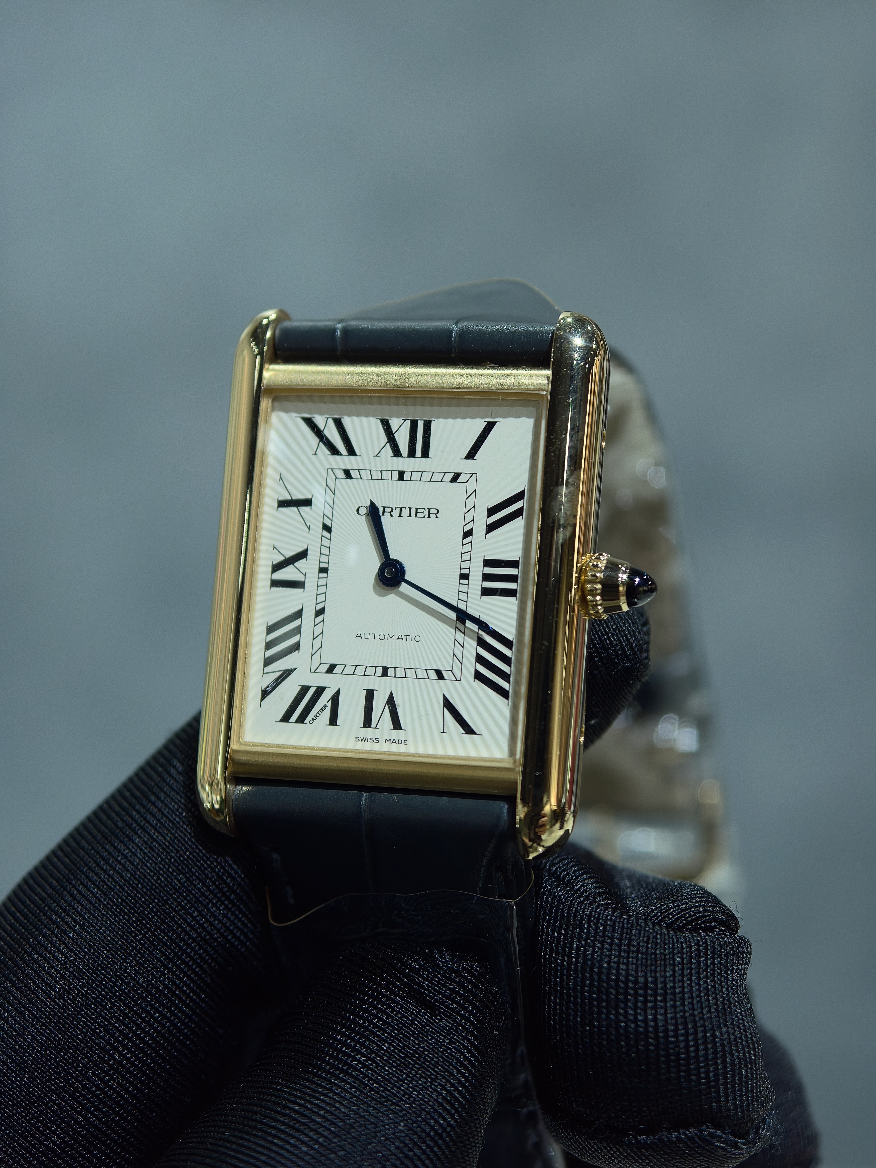 BRAND NEW CARTIER WGTA0357 TANK LOUIS CARTIER WATCH MEDIUM MODEL STAMPED SILVER DIAL YELLOW VARNISH GREY LEATHER 38MM