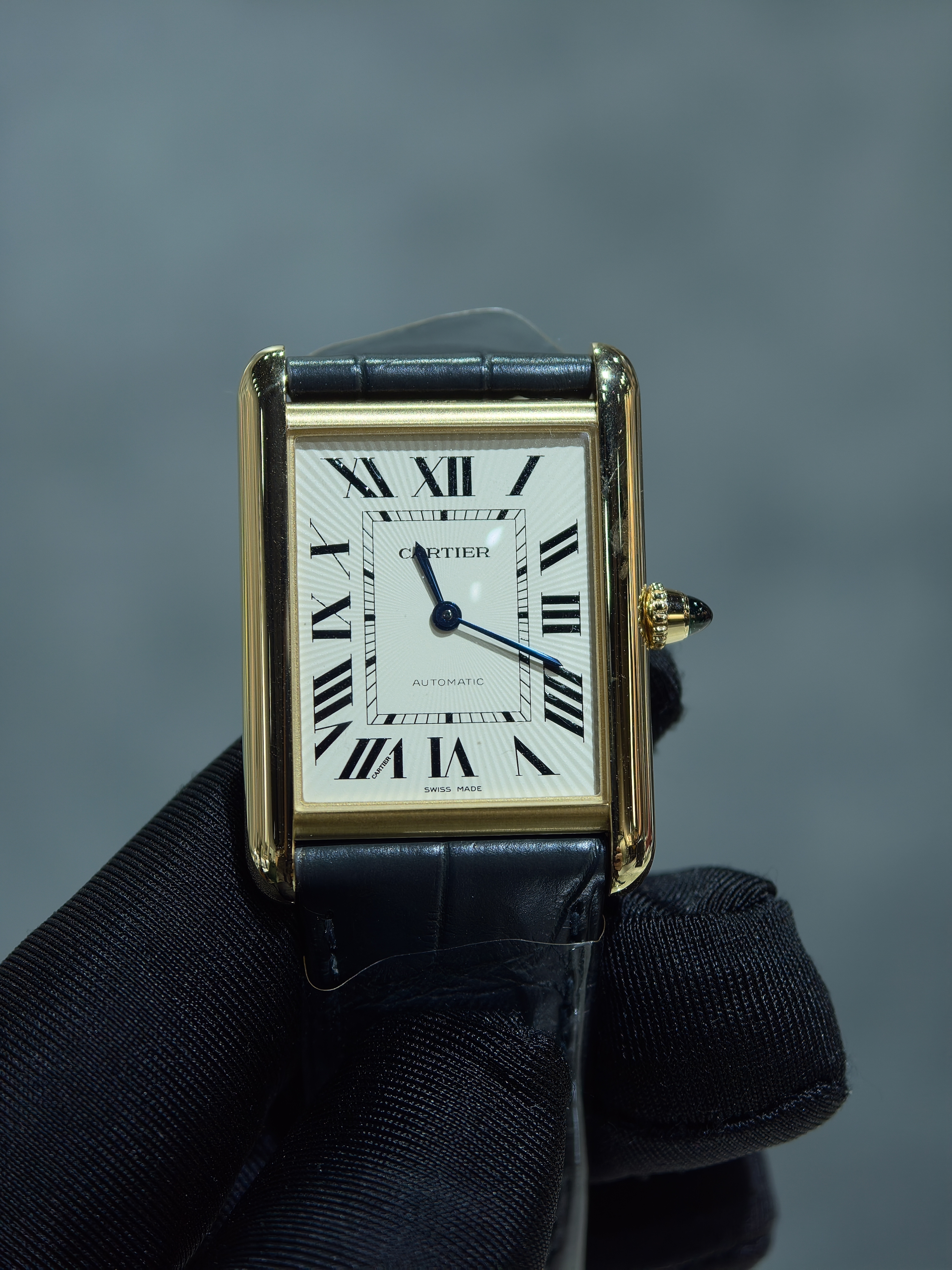 BRAND NEW CARTIER WGTA0357 TANK LOUIS CARTIER WATCH MEDIUM MODEL STAMPED SILVER DIAL YELLOW VARNISH GREY LEATHER 38MM