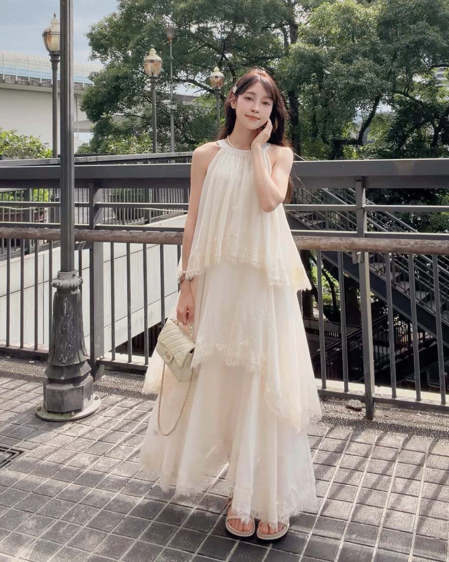 LINA LINA浪漫雋永睫毛蕾絲層次蛋糕削肩洋裝-優雅杏