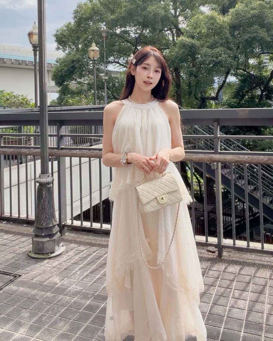 LINA LINA浪漫雋永睫毛蕾絲層次蛋糕削肩洋裝-優雅杏