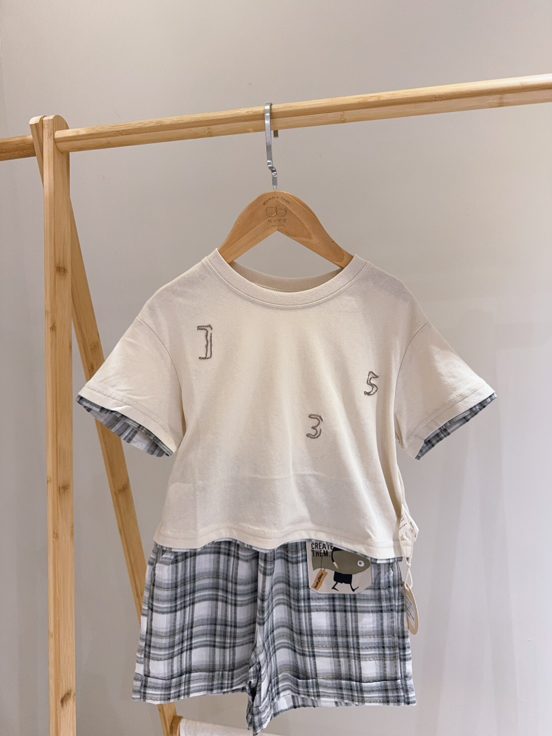 A90刺繡拼接格子褲卡套裝