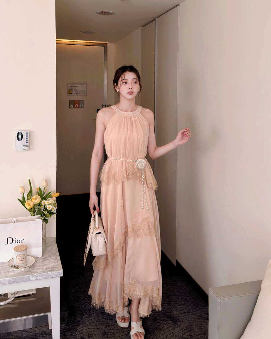 LINA LINA浪漫雋永睫毛蕾絲層次蛋糕削肩洋裝-柔粉咖