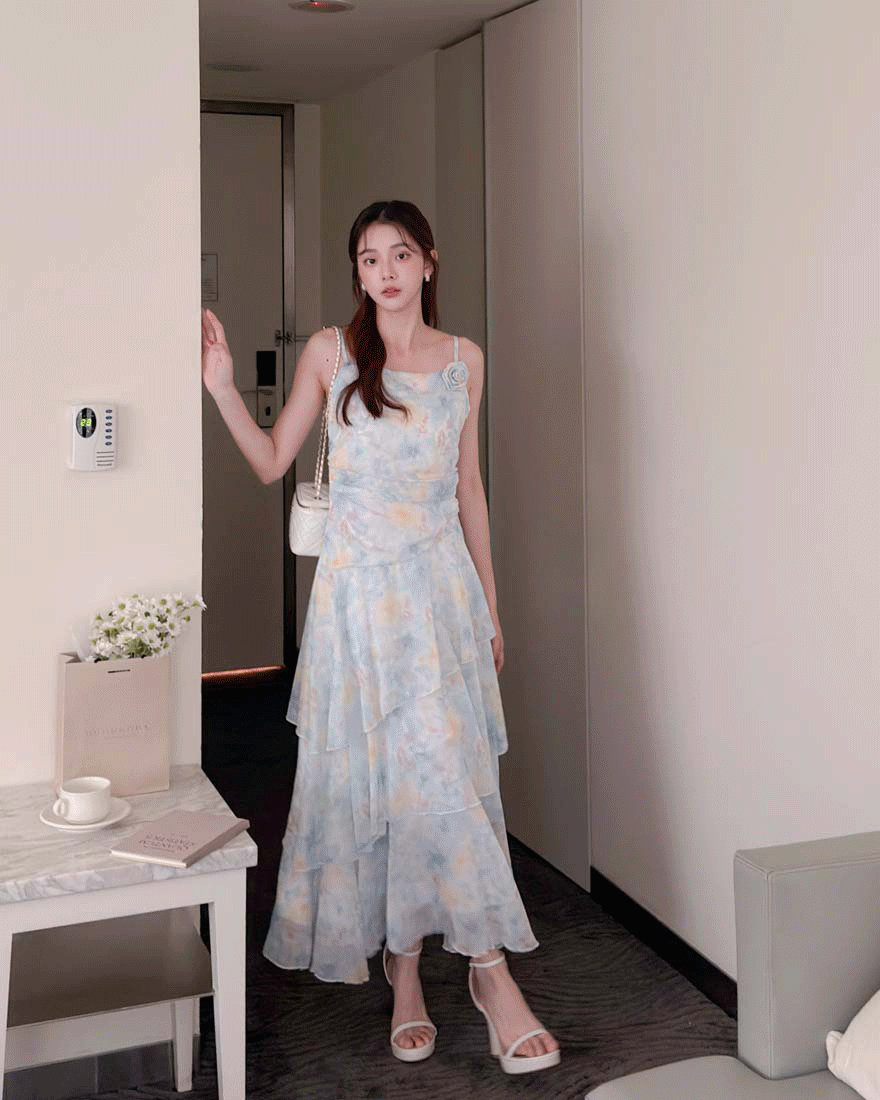 LINA LINA夢幻甜采水彩花卉玫瑰花蛋糕洋裝-清新藍