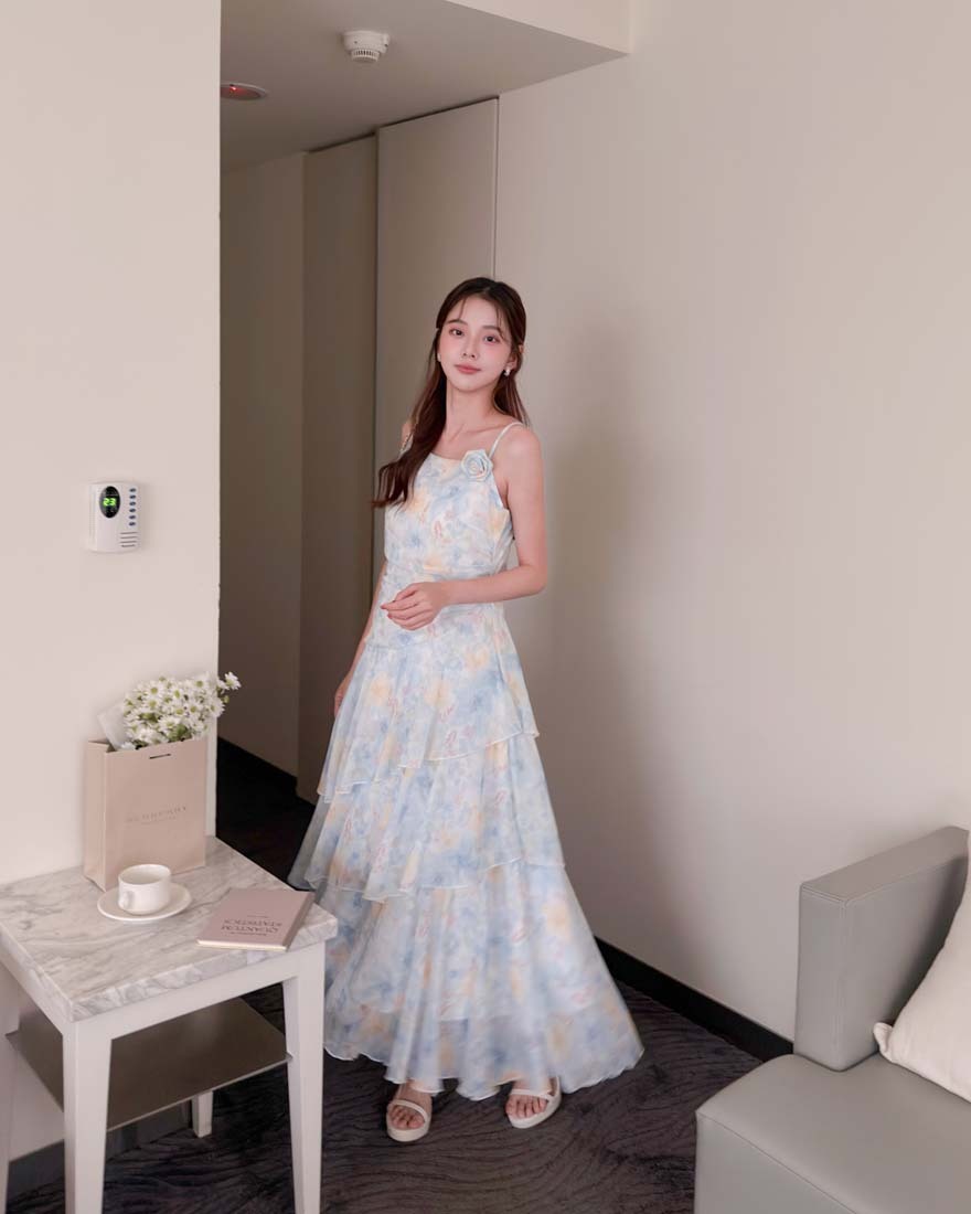 LINA LINA夢幻甜采水彩花卉玫瑰花蛋糕洋裝-清新藍