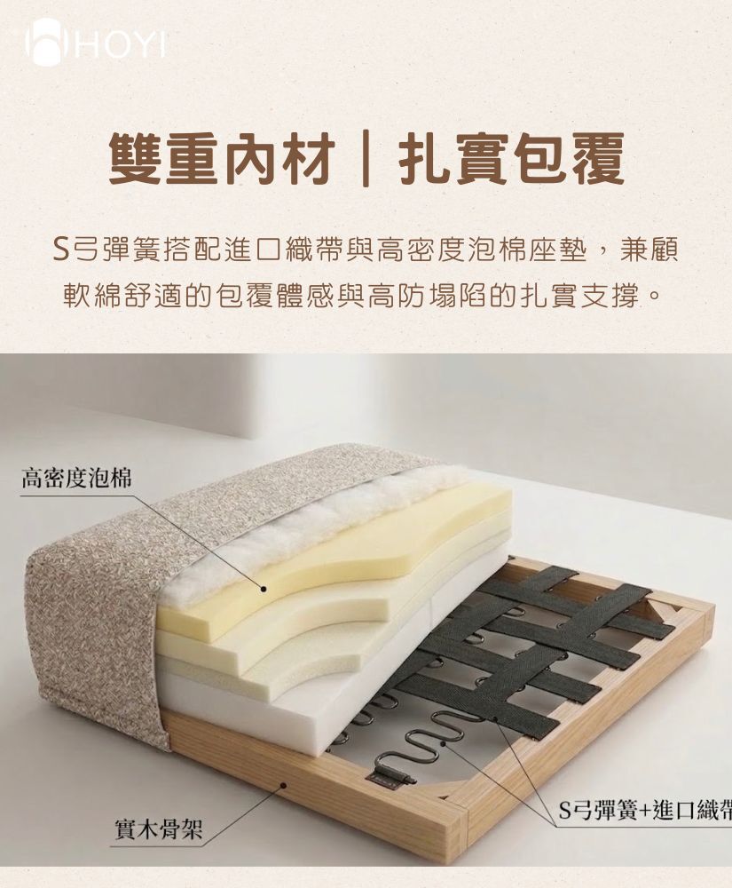 HOYI好寓晨光沙發雙重內材扎實包覆-S弓彈簧與進口織帶高密度泡棉座墊防塌陷支撐
