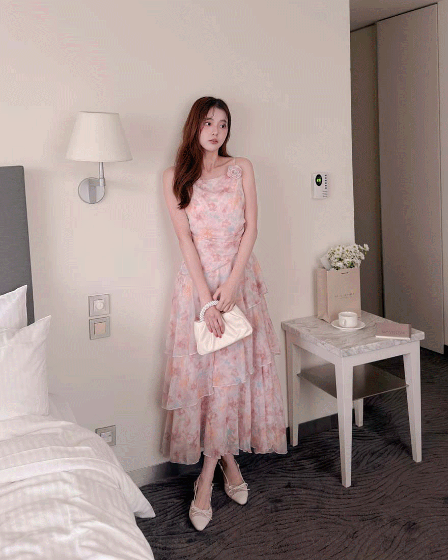 LINA LINA夢幻甜采水彩花卉玫瑰花蛋糕洋裝-唯美粉