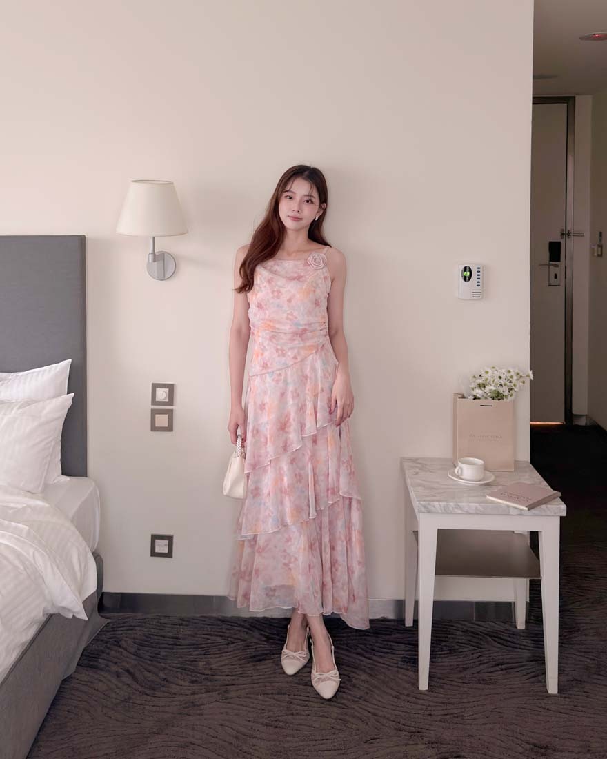 LINA LINA夢幻甜采水彩花卉玫瑰花蛋糕洋裝-唯美粉