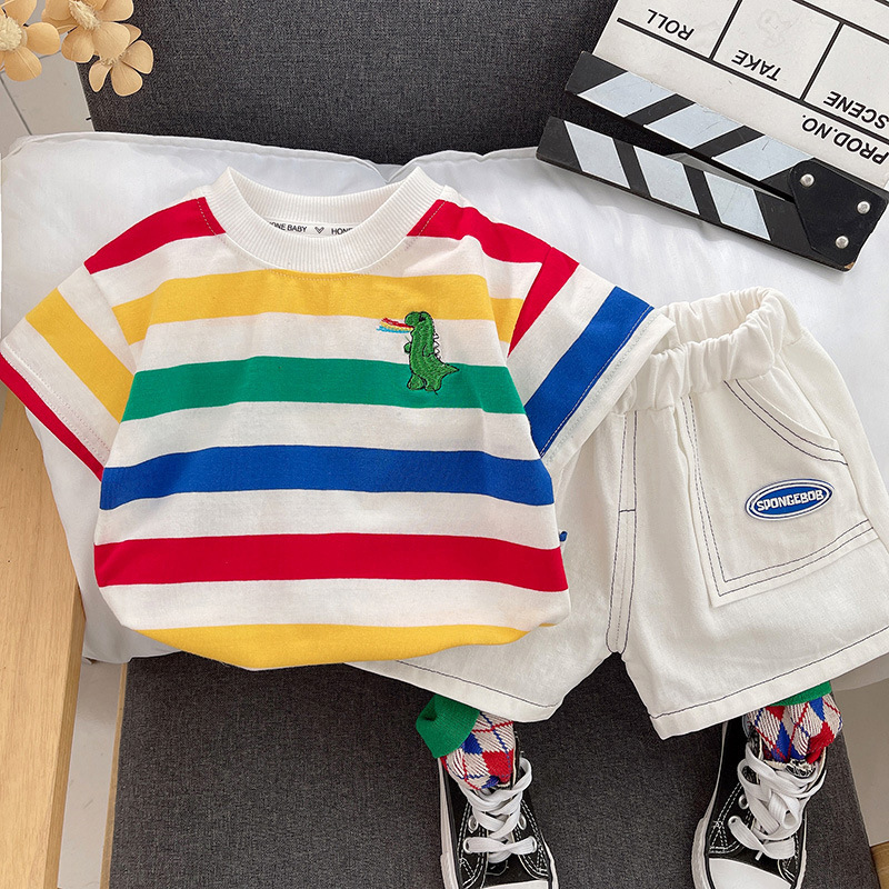 《3998》恐龍條紋刺繡短袖套裝(80-120)