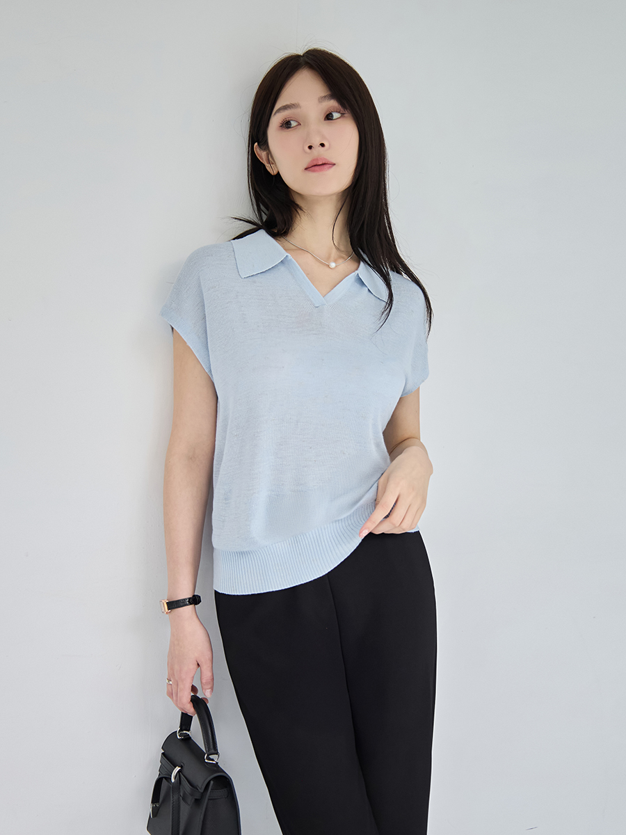 OH!HER 混麻翻領無袖針織上衣(20%亞麻)