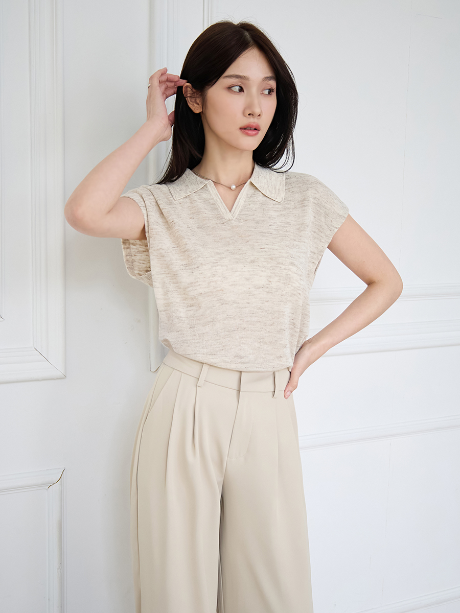 OH!HER 混麻翻領無袖針織上衣(20%亞麻)