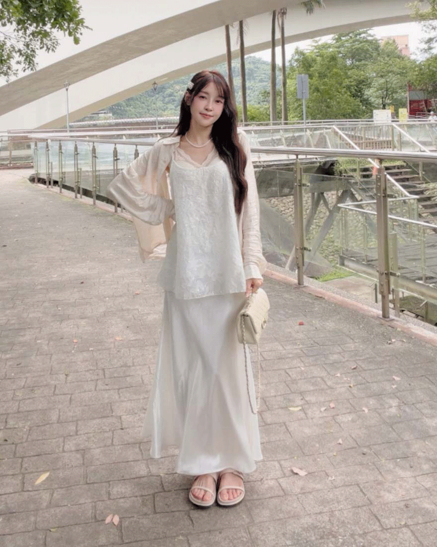LINA LINA柔美交織網紗上衣長裙背心三件組-氣質白