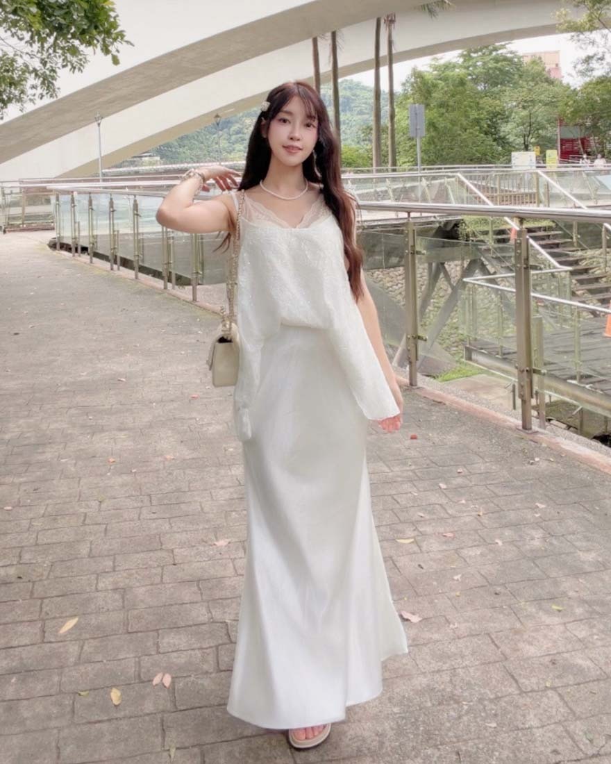 LINA LINA柔美交織網紗上衣長裙背心三件組-氣質白